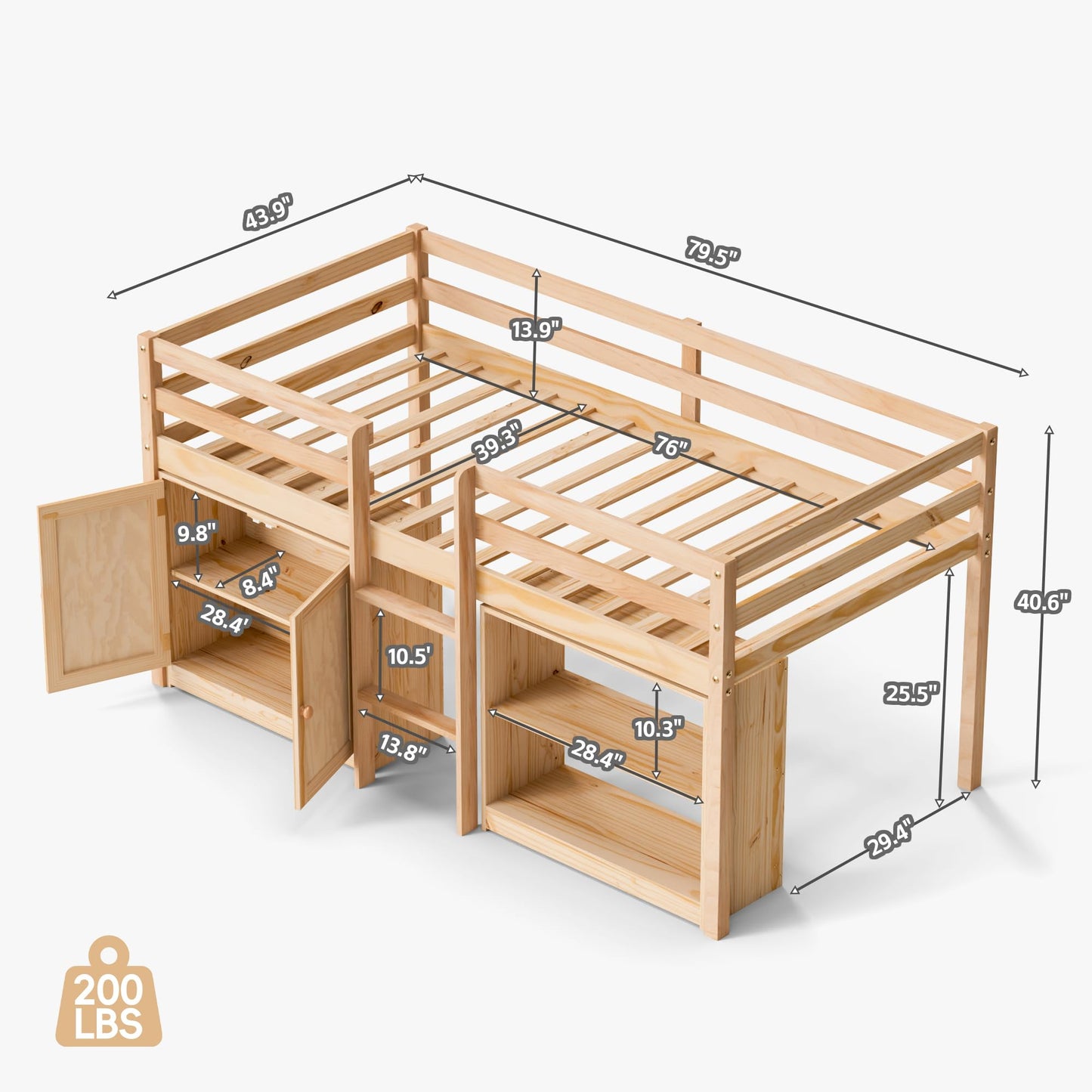 TOLEAD Wood Low Loft Bed Twin Size with Storage Cabinet, Shelf and LED Lights, Wooden Kids Loft Bed with 14" H Safety Guardrail, Ladder and Under-Bed Play Space, Natural Wood