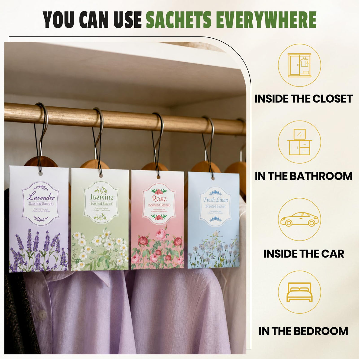 FURWEY 16 Packs Linen, Jasmine, Rose and Lavender Scented Sachets