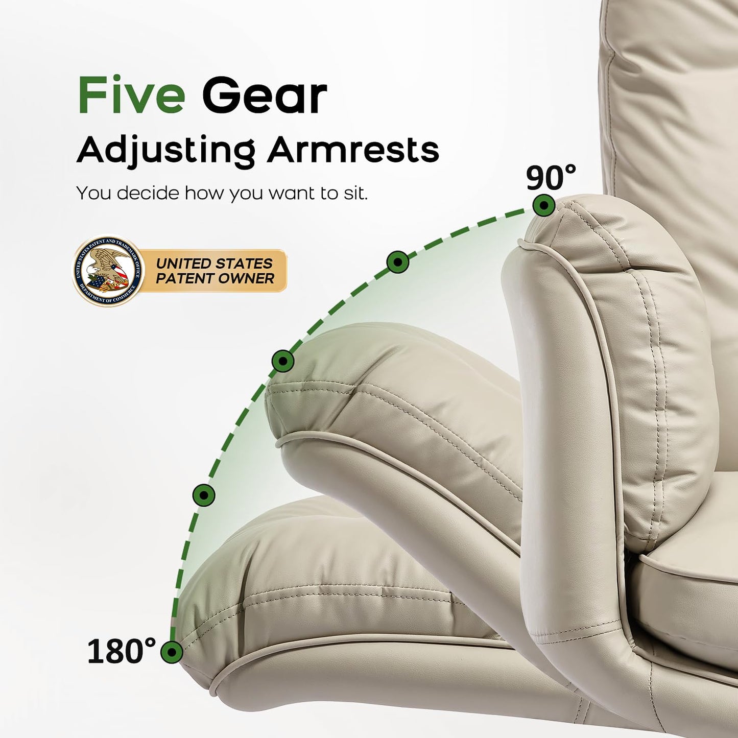 amseatec Criss Cross Chair with 5-Level Armrests — Self-Weight Recline with 90°/135° Lock, 400LBS Big and Tall Executive Office Chair, PU Leather Swivel Computer Desk Chair for Home Office (Cream)