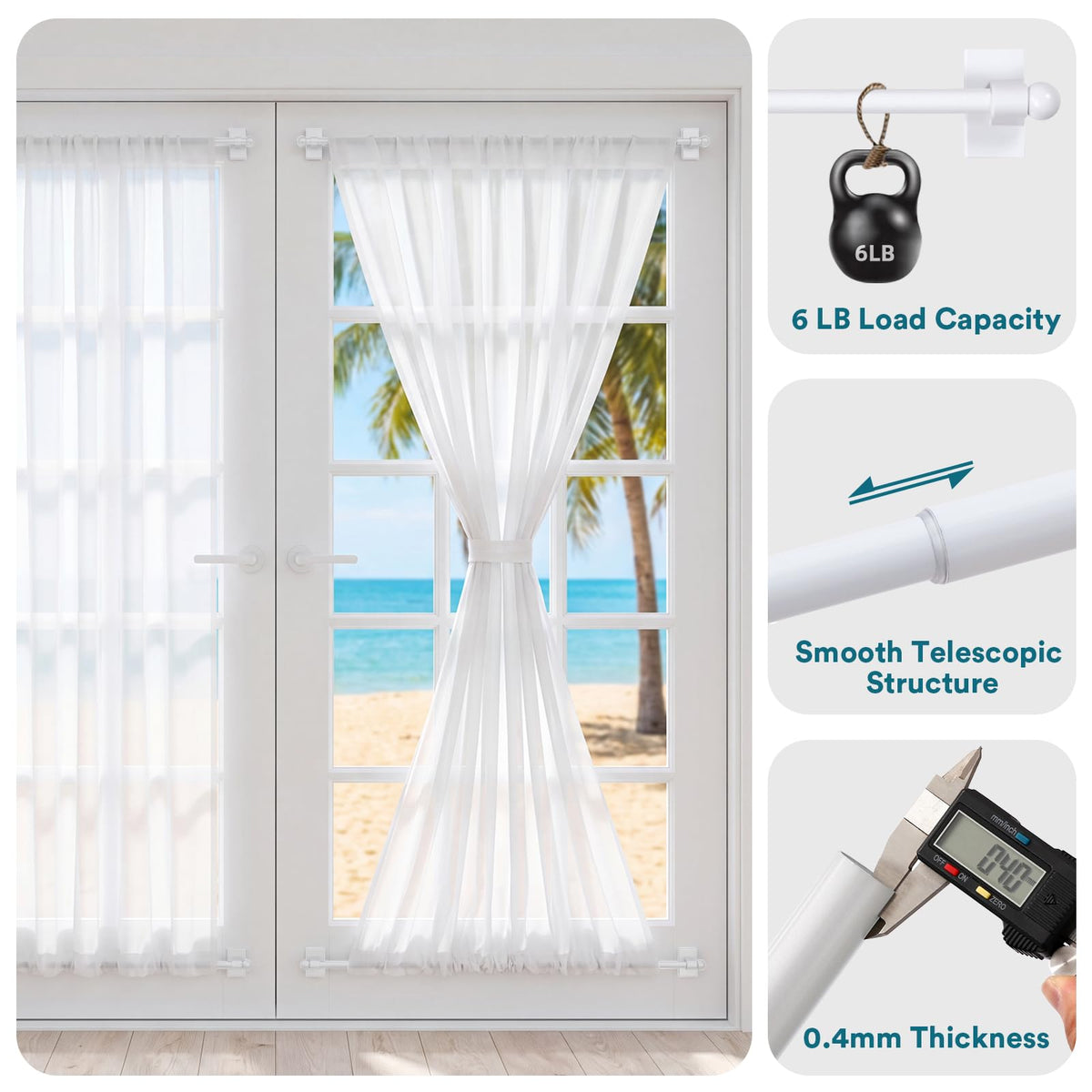 Turquoize 2 Pack Magnetic Curtain Rods for Metal Doors, 9-16", White