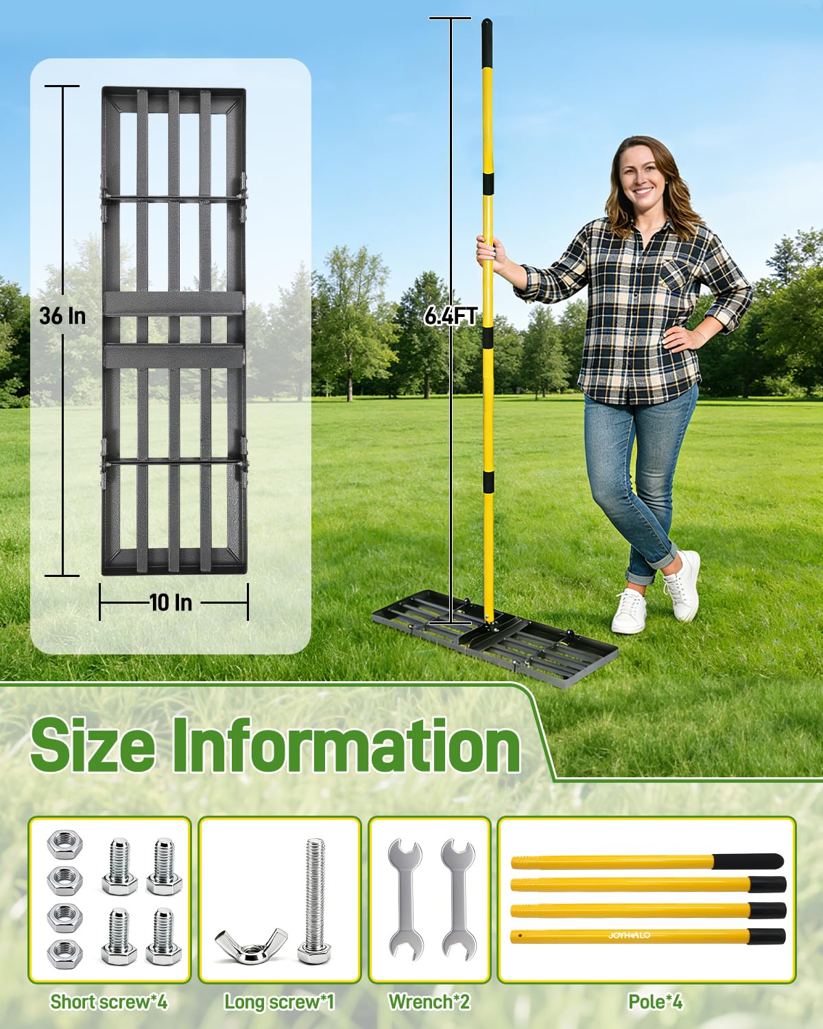 Joyhalo Lawn Leveling Rake, 36 Inch Yard Lawn Leveling for Soil with 78" Adjustable Steel Handle, Heavy Duty Effort Saving Landscape Lawn Leveler for Yard Garden Golf Course Soil Sand Dirt Grass