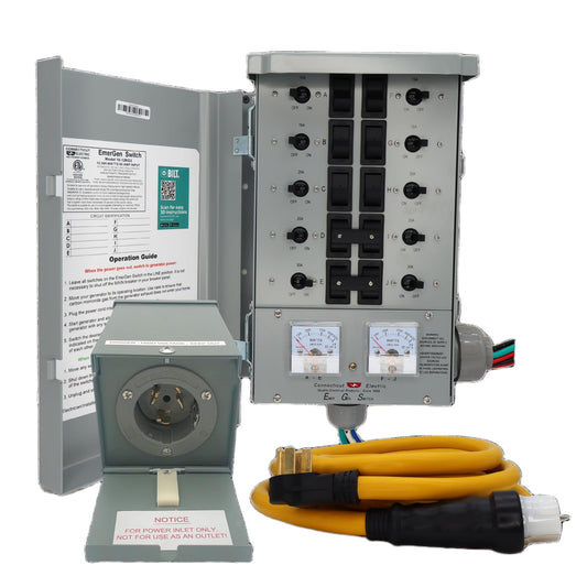 Connecticut Electric Series 2 Backup Power Manual Transfer Switch Kit, 50 Amp, 10 Circuits, with 25' Cord & Outdoor Rated 50A Inlet (Transfer Switch Kit - 25 ft Cord)