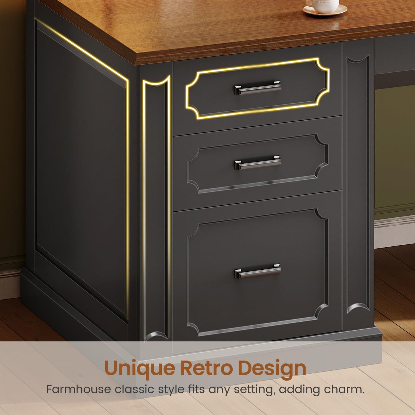 SEDETA Farmhouse 70.9" Executive Desk, Home Office Desk with File Drawers and Storage Cabinet, Computer Desk with Power Outlet for Home Office, Work Study Writing, Black+Brown