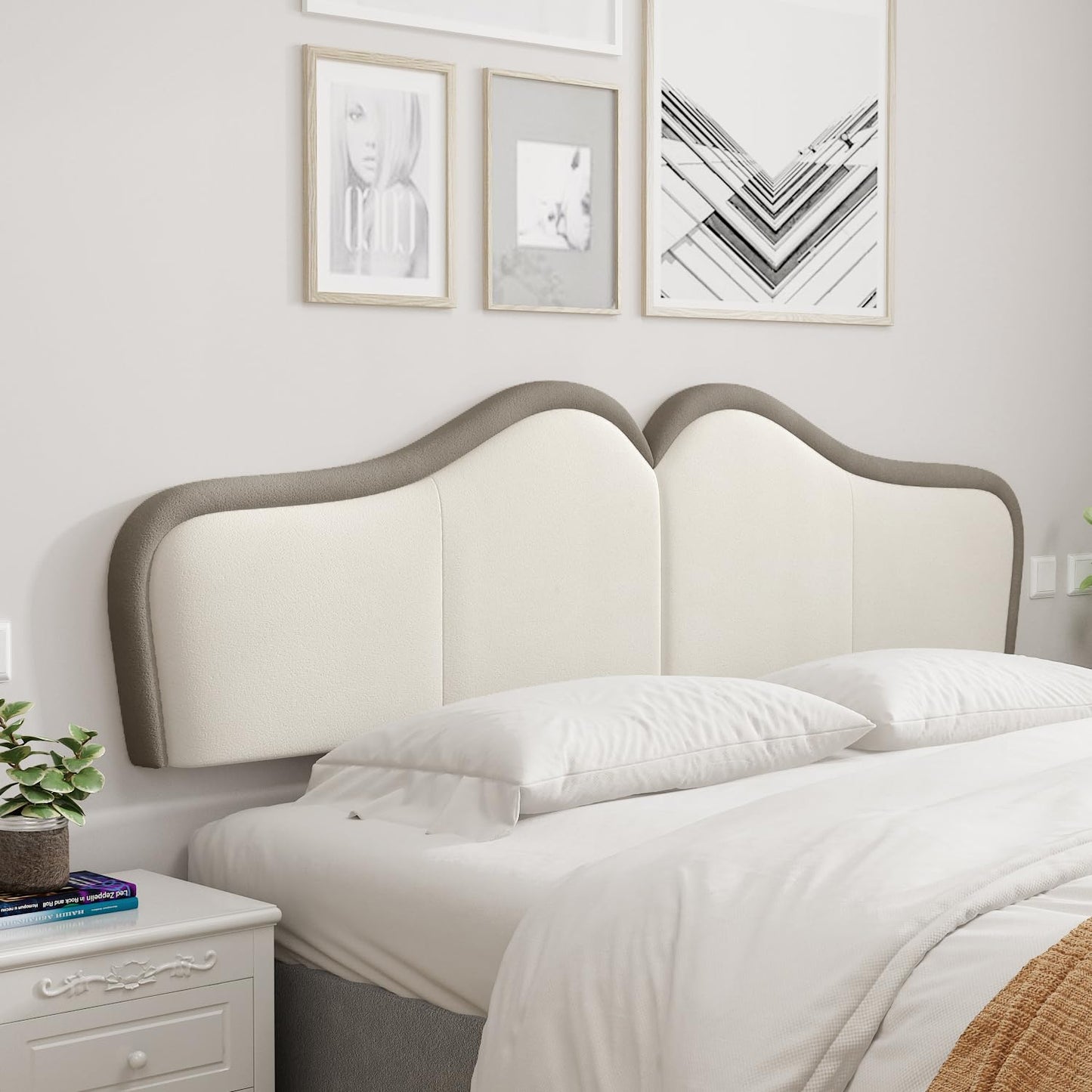 King Headboard,Upholstered Headboards Bed Head Board Modern Wave Shaped Velvet Wall Mount Bed Headboard for Stylish Bedroom Decor(King,Beige+Brown)