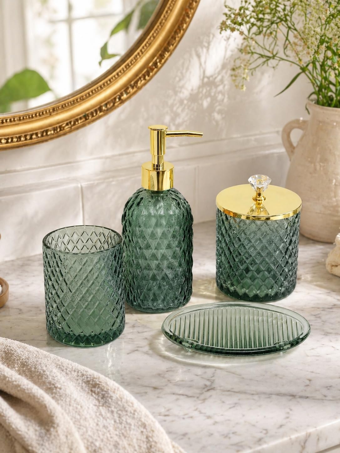 Haturi Glass Bathroom Accessories Set, Sage Green Bathroom Set, 4 Pcs