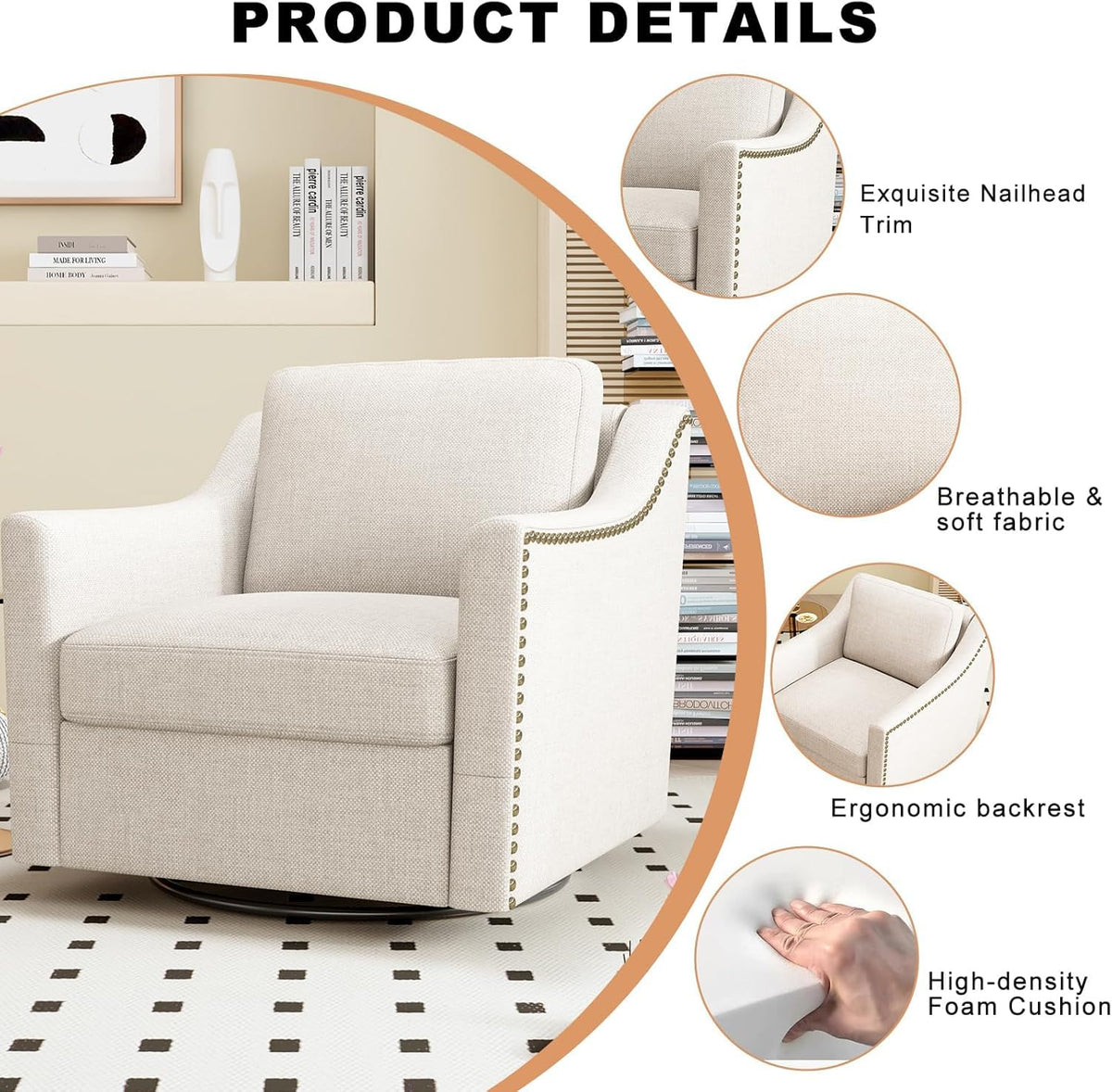 Jantaypor Swivel Accent Chair Set of 2，Armchair，Bronze Nail Decoration Comfy Living Room Chair,Single Sofa Chair，Reading Chairs,for Living Room Bedroom Reading Apartment (Cream, 2 Cream)