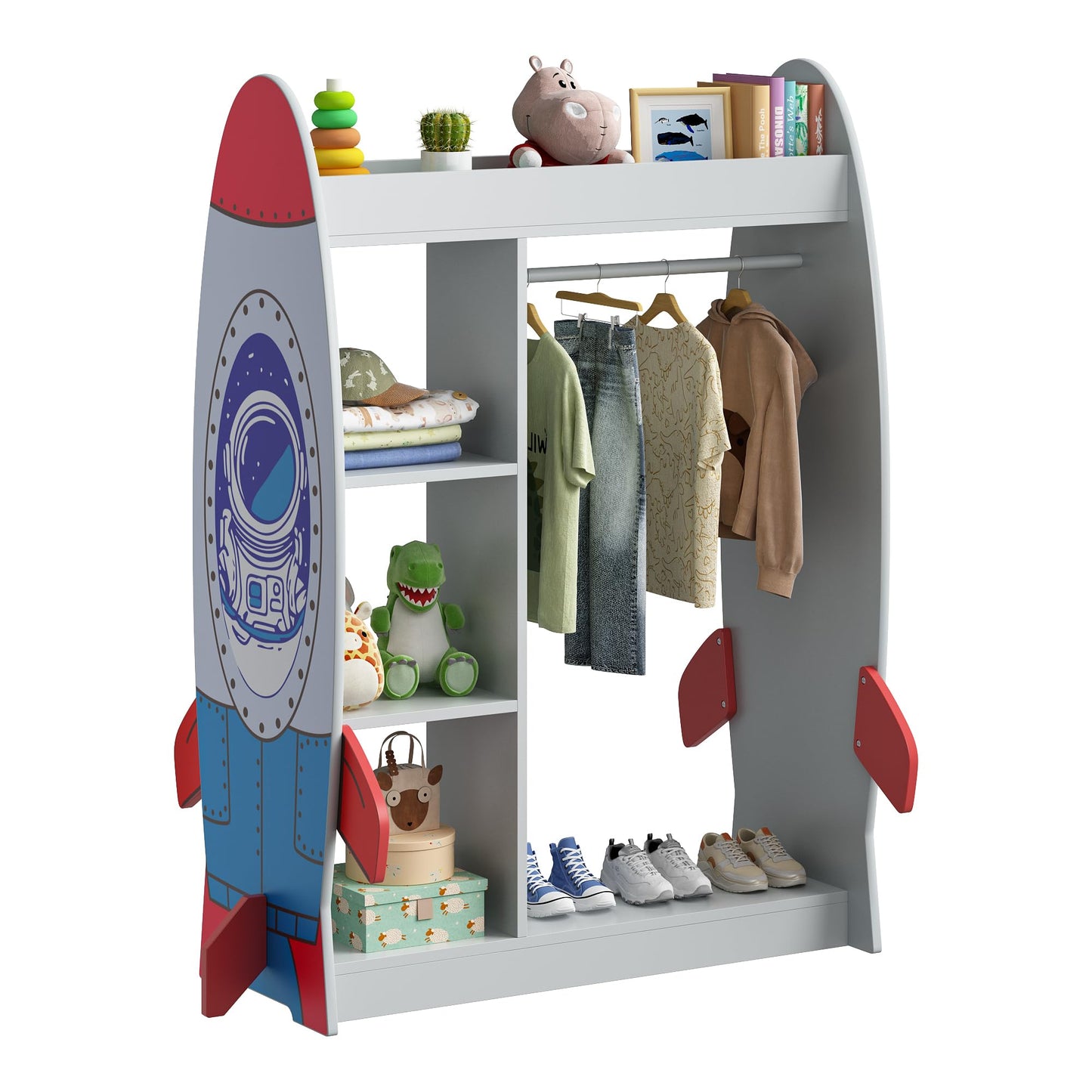 BVIUNTWO Rocket-Themed Kids Dress Up Storage with Mirror, Wooden Costume Organizer for Boys, Toddler Closet Organizers and Storage Armoire with Hanging Rod, Open Clothes Rack for Playroom & Bedroom