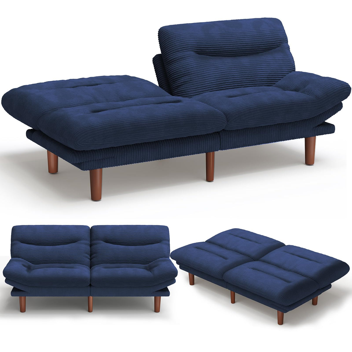 Amada 66 inch Convertible Corduroy Futon Sofa Bed, Blue