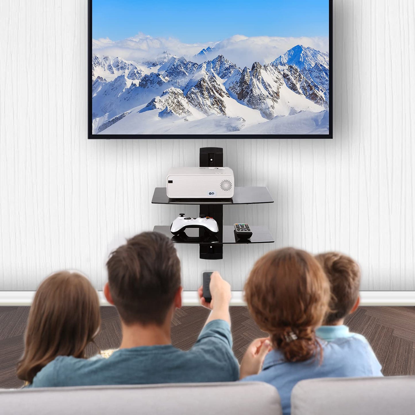 WALI Floating TV Shelf, 2 Tier Glass Projector Shelf for DVD Players, Routers, Game Consoles, Cable Boxes, Living Room Decor, Wall Mount Shelves Hold Up to 17.6lbs (CS202B), 2-Shelf, Black