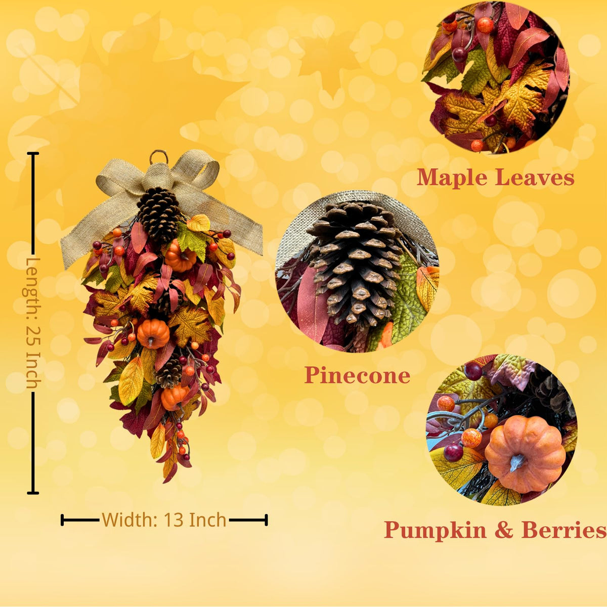 Svndlyn 25 Inch Fall Teardrop Swag with Pumpkins Pinecones Maple Leaves