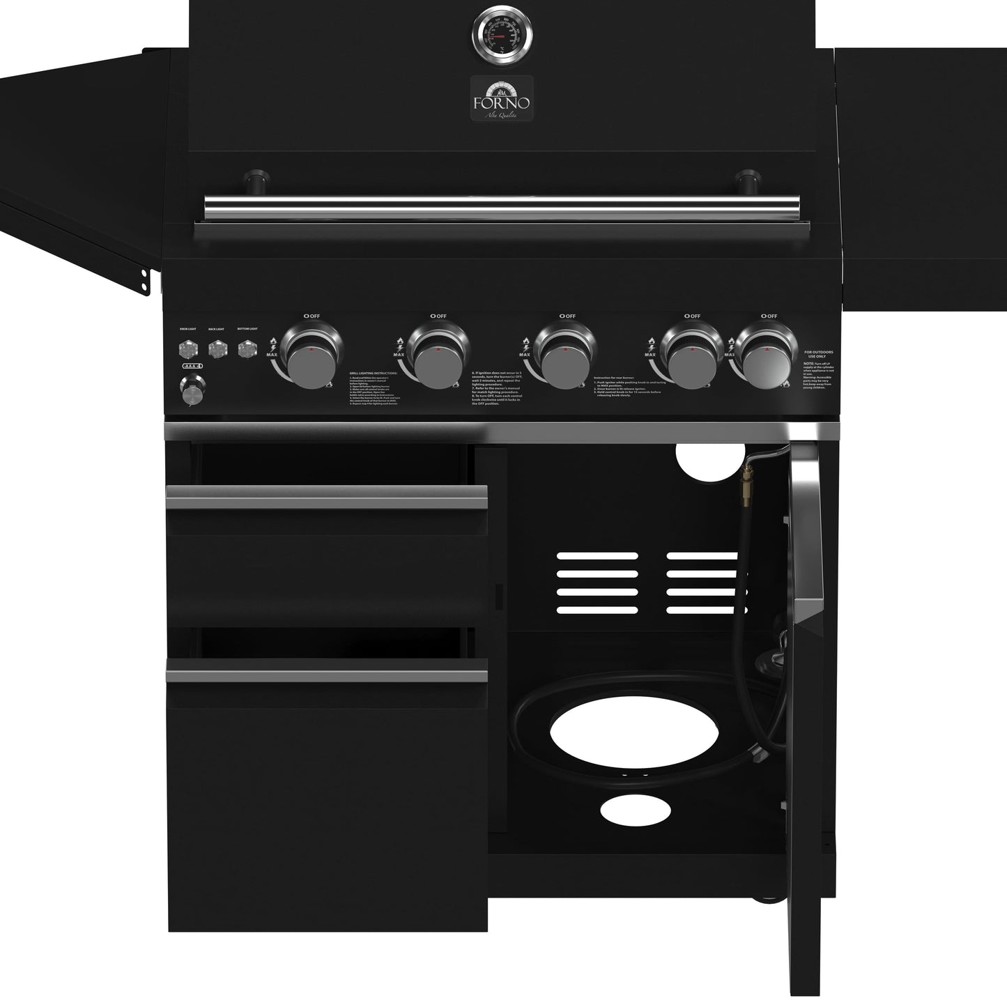 Forno All’Aperto 62,600 BTU Outdoor BBQ Grill Station w/ 3 Stainless Steel Burners, Infrared Burners, Sink Module, Black Sintered Stone Countertops, Rotisserie Kit, Bar & Beverage Center - Black