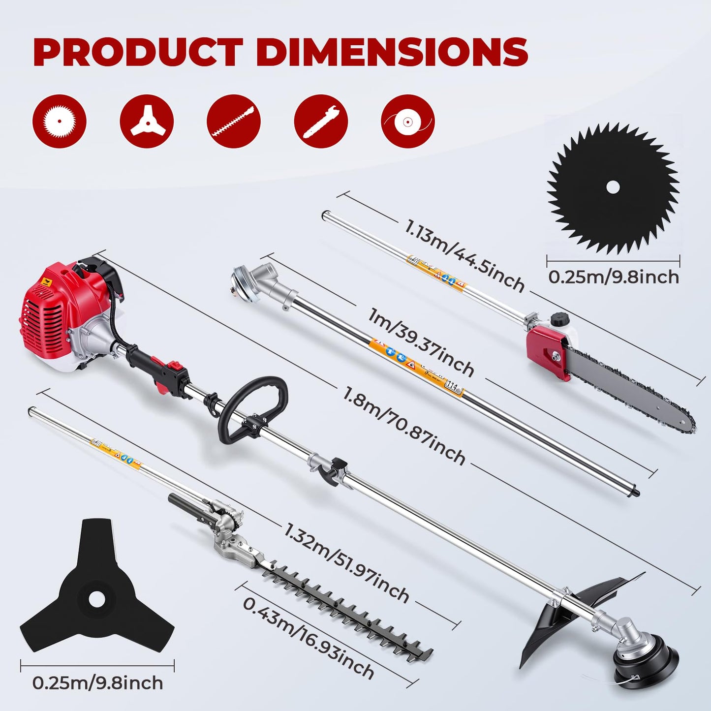 Pole Saws Gas Powered 6-in-1, 58CC 2-Cycle Powerful Gas Pole Saw Include String Trimmer Brush Cutter Pole Saw Hedge Trimmer Brush Cutter for Yard, Garden
