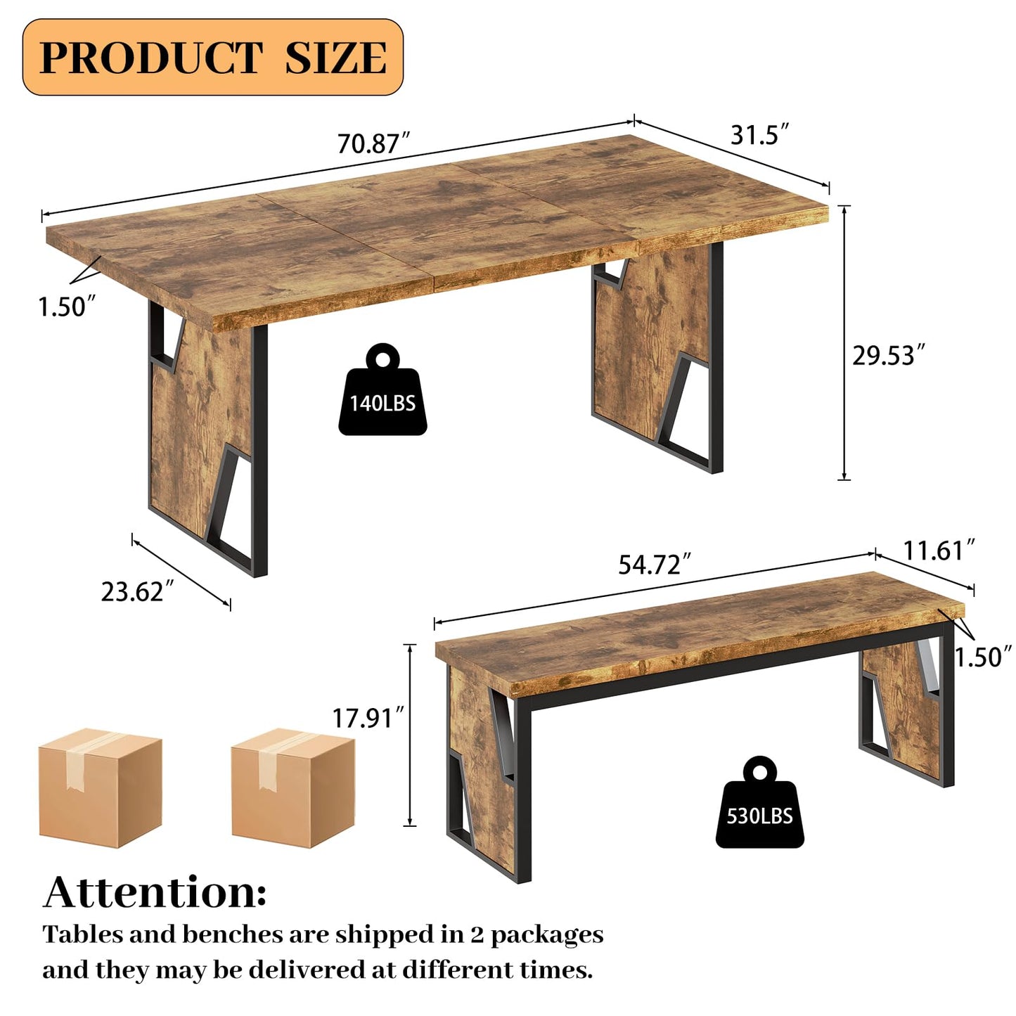 HIPIHOM 70.8" Wooden Dining Table with 2 Benches, Modern Kitchen Table and Chairs Set for 4-6 Person, Thickened MDF Wooden Table with Dining Bench for Living Dining Room, Kitchen, Office