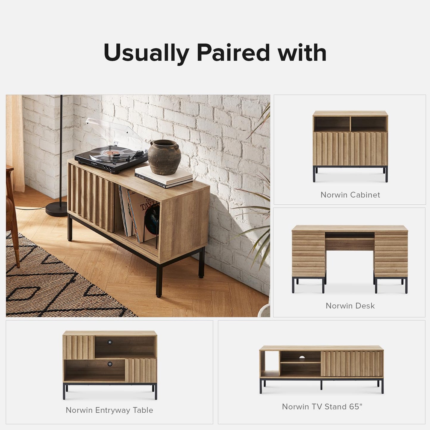 mopio Norwin Record Player Stand, 120 Albums Vinyl Record Storage, Turntable Stand, Media Stereo Storage Cabinet, Small TV Table, Removable Dividers, Fluted Sliding Door, Metal Legs, Living Room