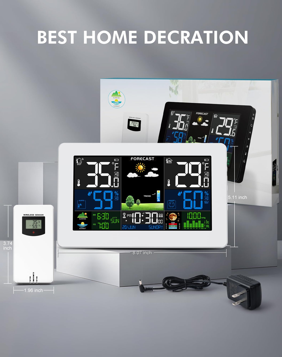 Weather Station Wireless Indoor Outdoor with Atomic Clock, 1 Sensor,White