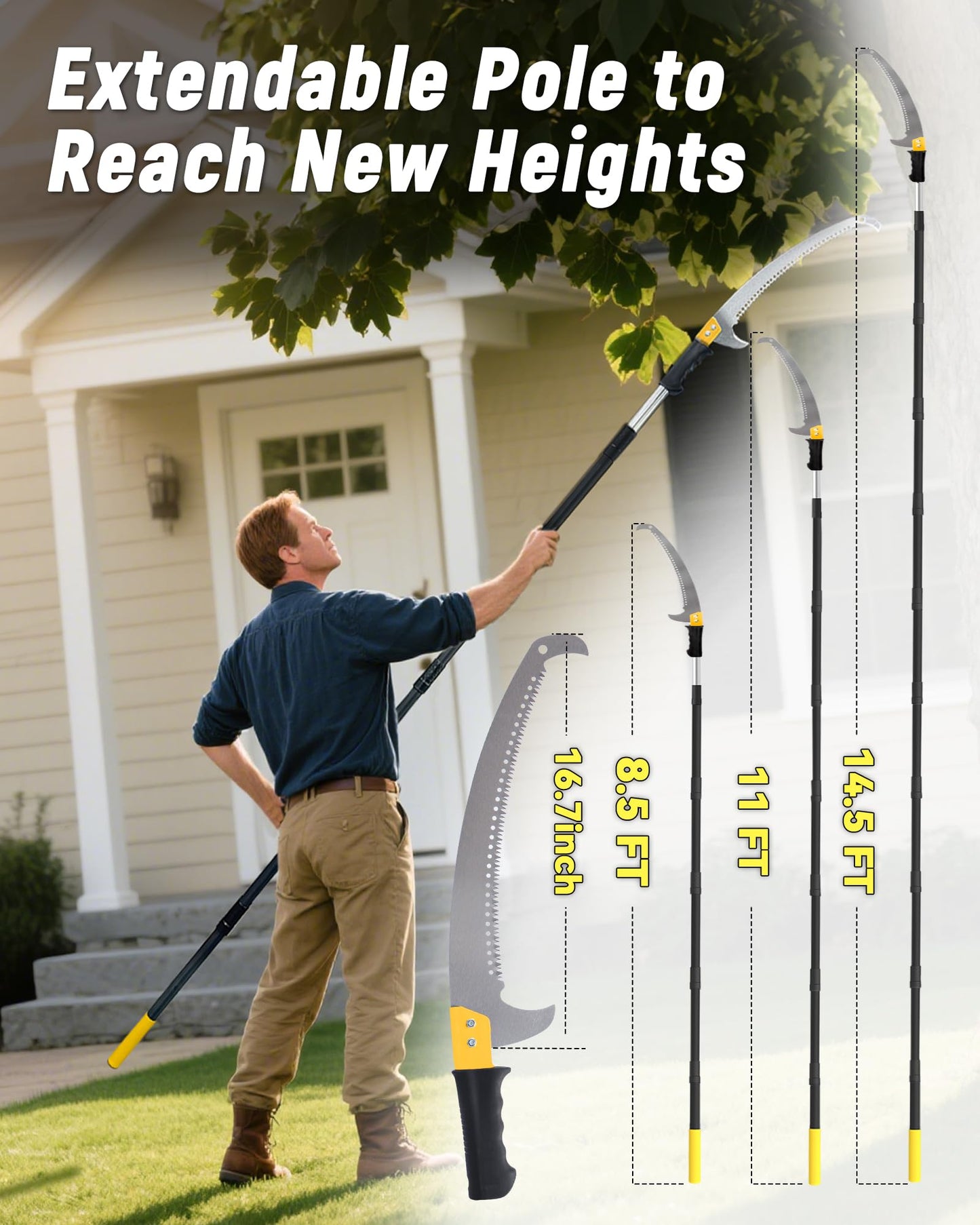 BlumeTrec 14.5FT Pole Saw with Adjustable Length for Tree Trimming, Lightweight Manual Pruning Saw with Mn Steel Blade, Long Extension Branch Cutter Pole Pruner for Yard, Garden, Patio & Forestry Use