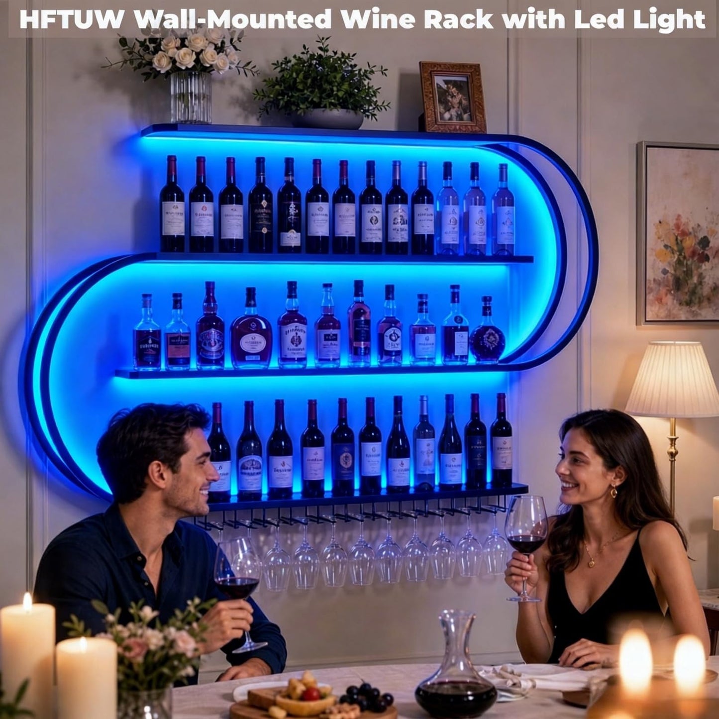 HFTUW 47 Inch Wall-Mounted Wine Rack with Led Light, 4-Tier Half Round Bar Shelves, Industrial Metal Display Storage Shelf & Wine Glass Hooks for Home Bar, Dining Room(Black-Blue Led, 47in/120cm)