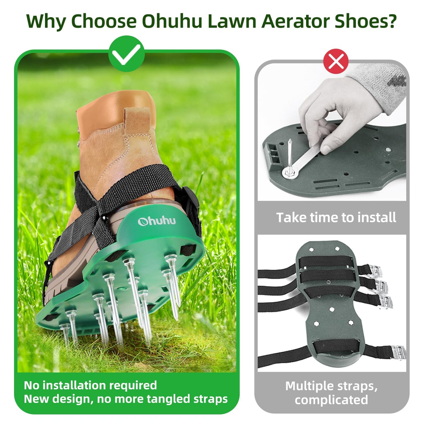 Ohuhu Lawn Aerator Shoes with Hook & Loop Straps, All New Unique Design Free-Installation Heavy Duty Spiked Aerating Sandals, One-Size-Fits-All for Yard Patio Lawn Garden