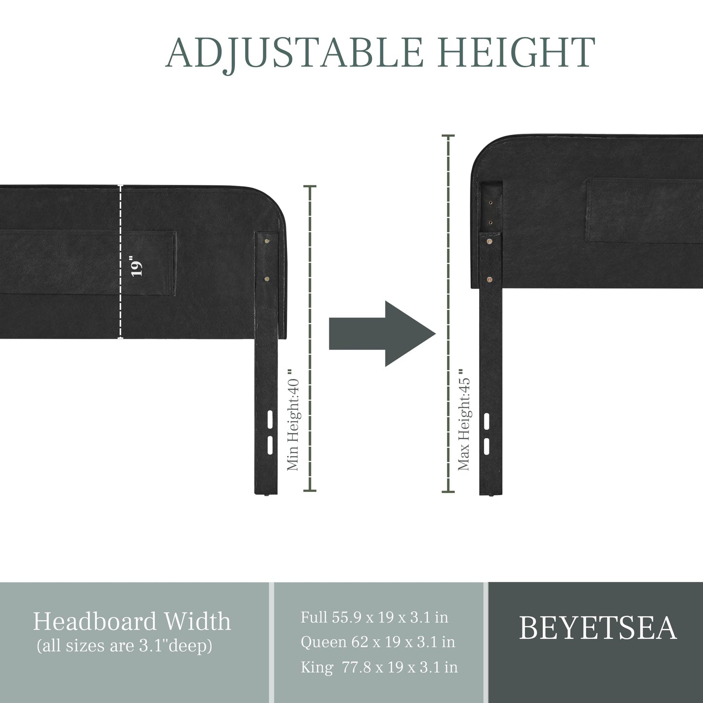 Beyetsea Tufted Upholstered Twin Size Headboard - Button Solid Wood with Adjustable Height - Modern Velvet Padded Bed Headboard - Easy Assembly - Nailhead, Black
