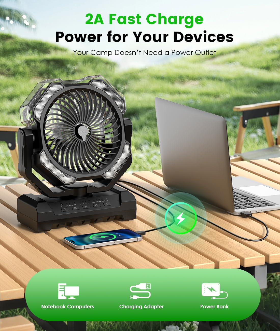 Aopircs Camping Misting Fan - 24000mAh Portable Battery Powered Fans with 9oz Water Tank, Light, Hook - Rechargeable, 120H Cooling, Last 5H Mist, 4 Speed, Sleep Mode - Outdoor Gear, Travel Essentials
