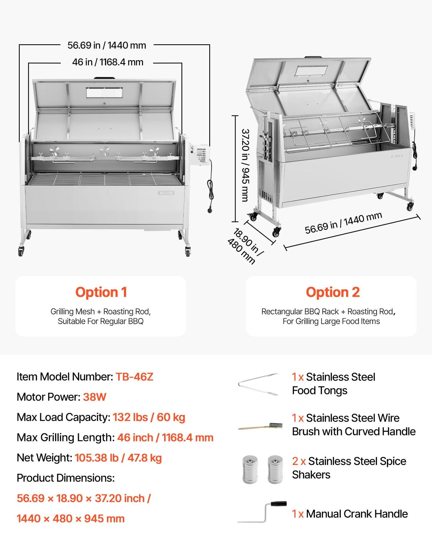 VEVOR Rotisserie Grill, 46in BBQ Outdoor Pig & Lamb Spit Roaster, Charcoal Spit Roaster with 132 LBS Capacity, Wheels & 4-Level Height, Stainless Steel Rotisserie Grill Kit for Camping Outdoor Parties
