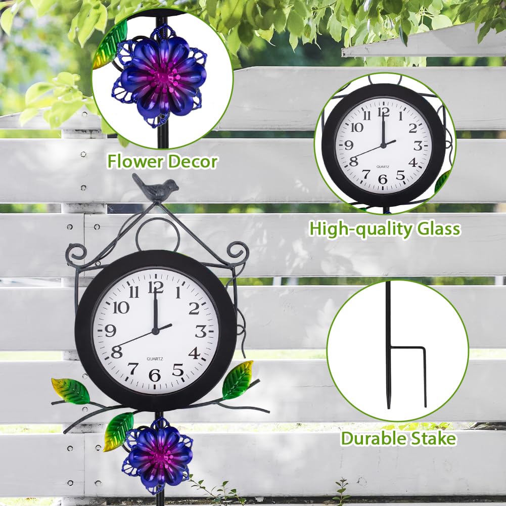 STANKGARDEN Outdoor Clock with Garden Stake, Flower Birdhouse Outdoor Wall Clock Waterproof, Silent No-Ticking Outdoor Clocks for Garden, Patio, Yard, Fence