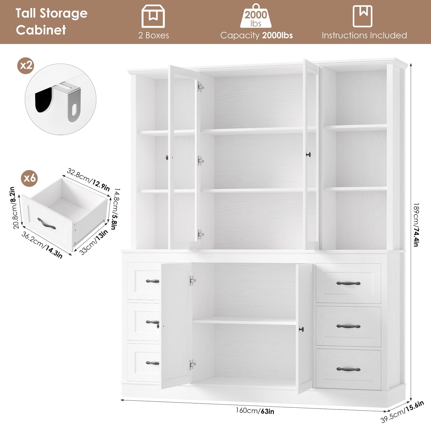 HIFIT 74.4''Hx63''W Large Pantry Cabinet for Food Storage, Kitchen Hutch Cabinet with Storage, Glass Doors Tall Wine Bar Cabinet, Large Bookcase with Drawers, White