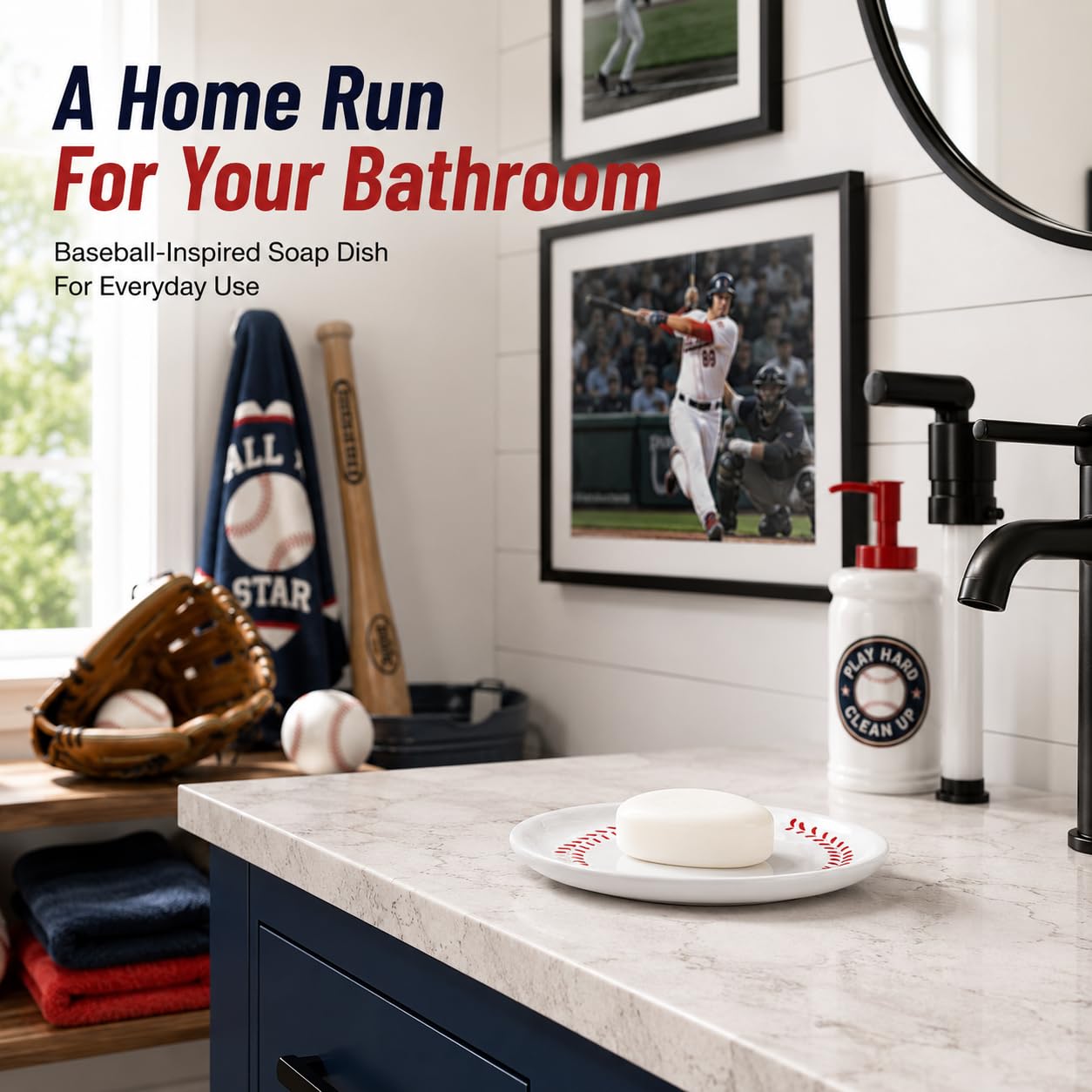 YangShiMoeed 4-Piece Sports Bathroom Accessories Set Complete with Basketball Lotion/Soap Dispenser,Soccer Bath Cup/Tumbler,Base Ball Soap Dish,Football Toothbrush Holder