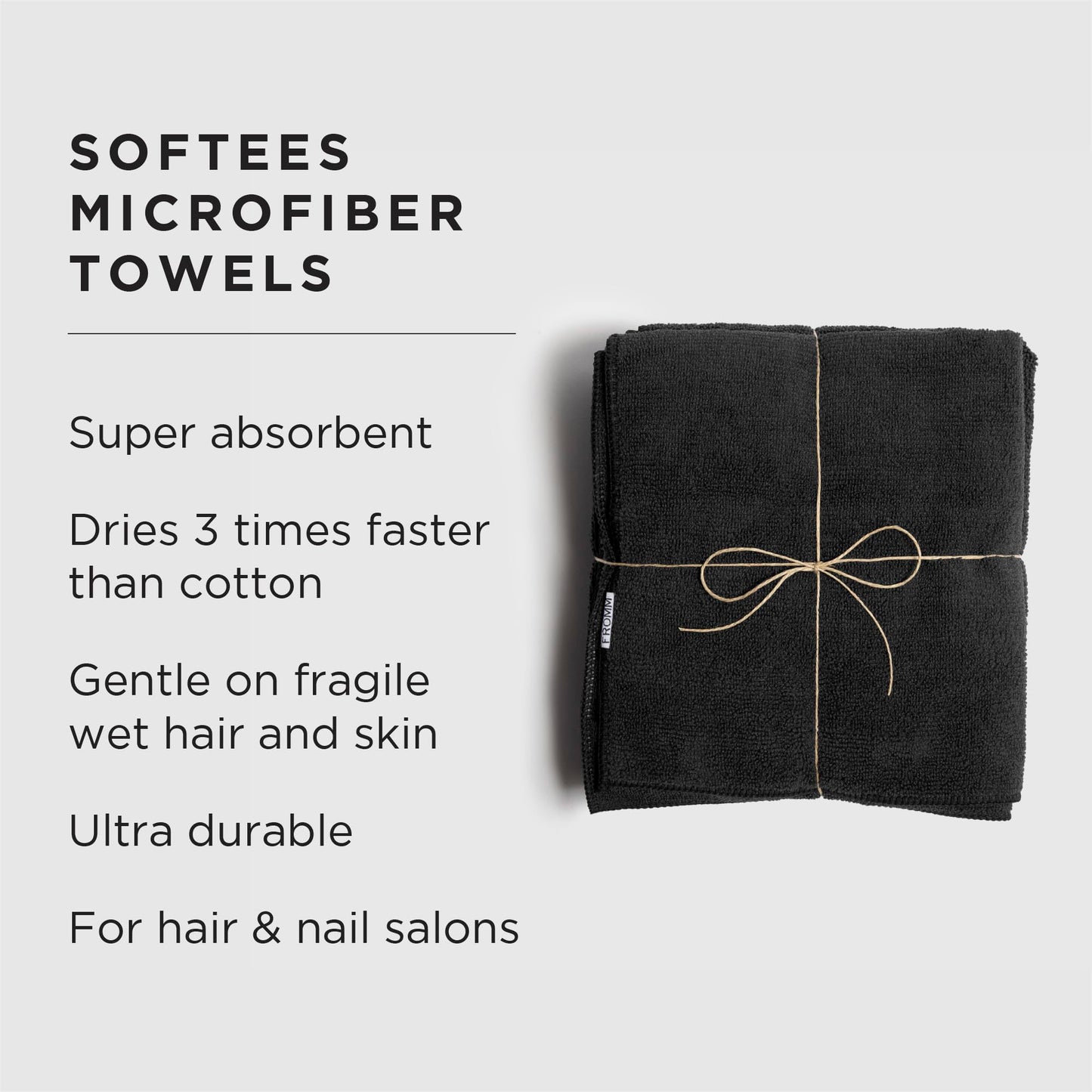 Fromm Softees Microfiber Hair Towels, Absorbent Salon Hair Towels for Hairstylists, Barbers, Spa & Gym, Fast-Drying, Ultra-Soft, Lint-Free, Multi-Purpose Towels, 16" x 29"- 10-Pack - Black