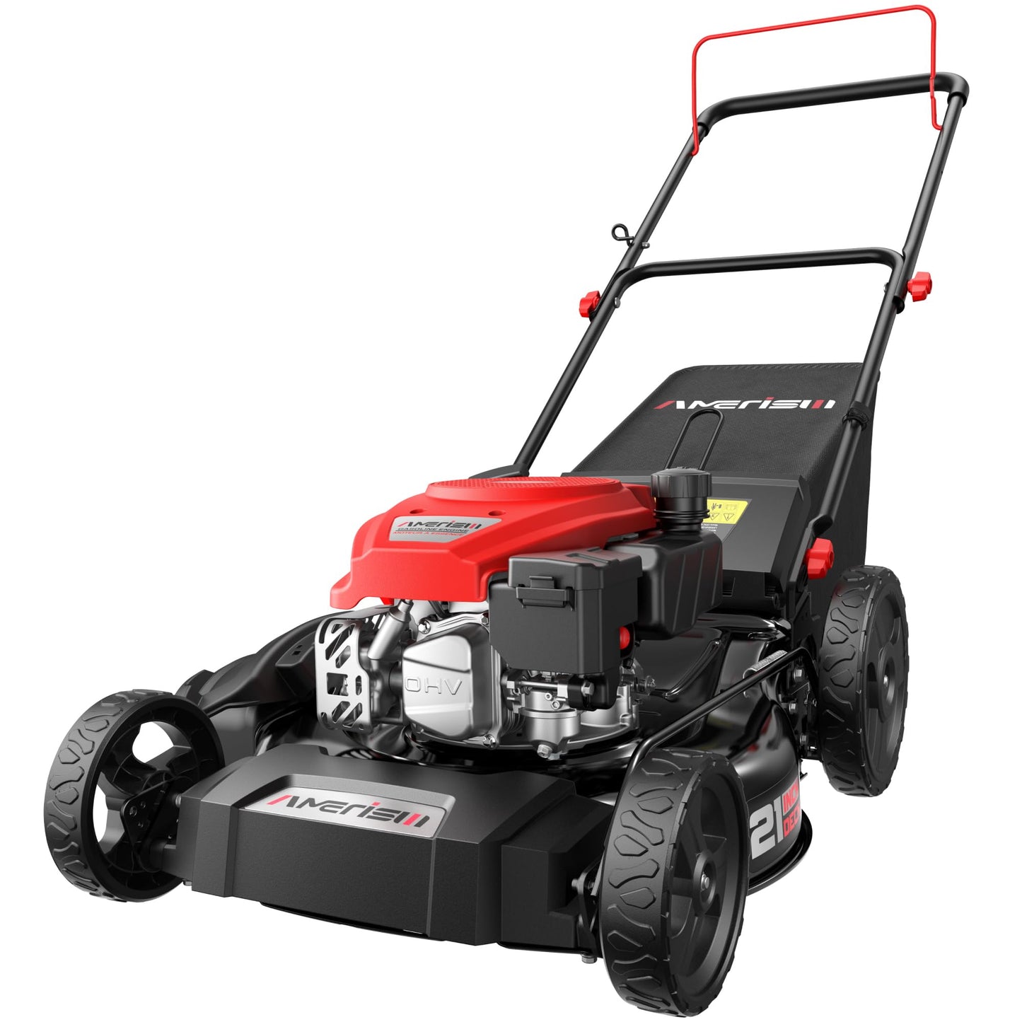 AMERISUN 21" Gas Lawn Mower, 3-in-1 Gas Push Mowers, 144cc 4-Stroke OHV Engine, 6 Height Adjustments 1.4 Bushel Grass Catcher, Lawnmower with Bagging, Mulching & Side Discharge, Efficient Steel Deck