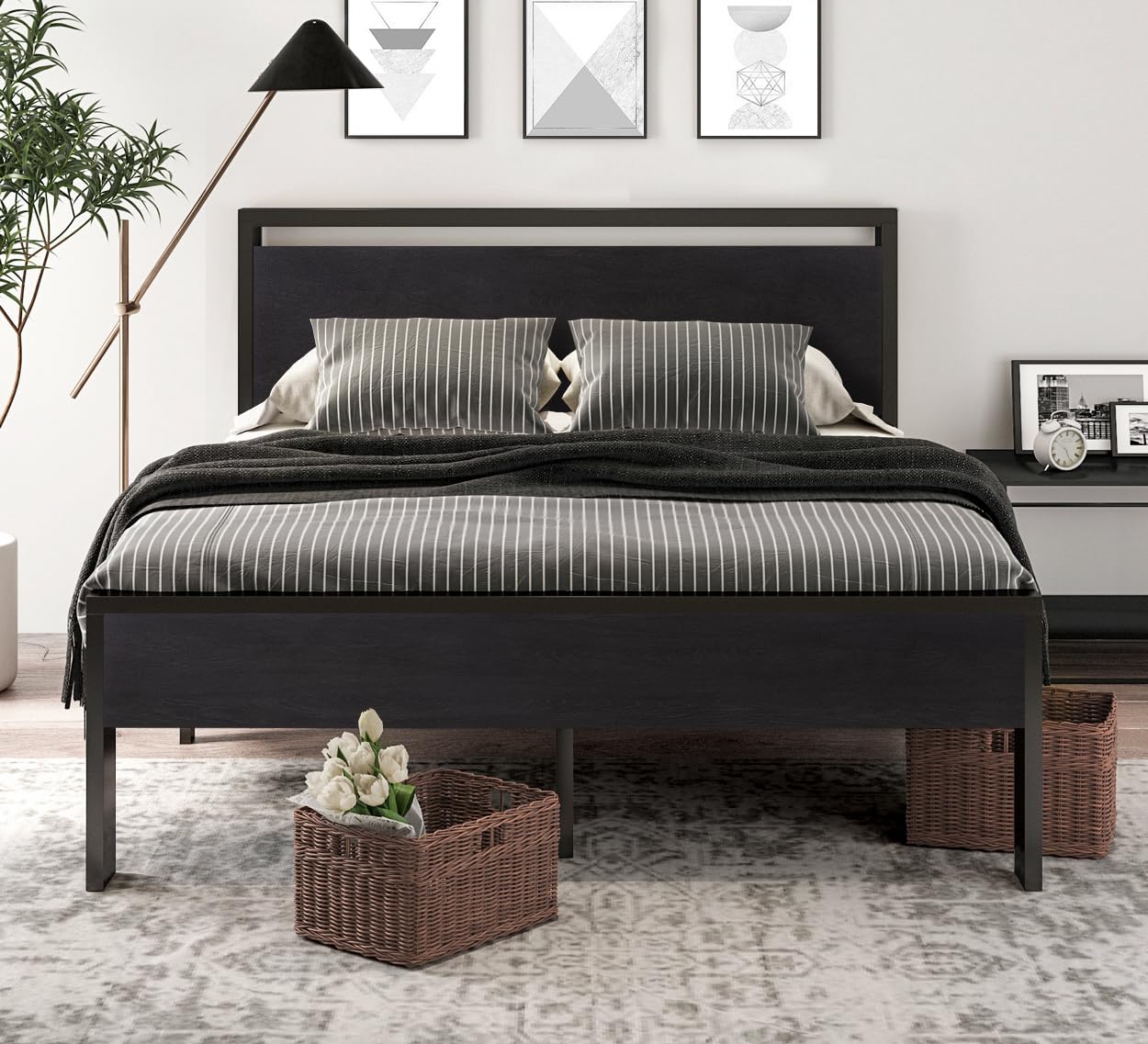 SHA CERLIN Full Size Bed Frame, Wooden Headboard and Footboard, Black Oak