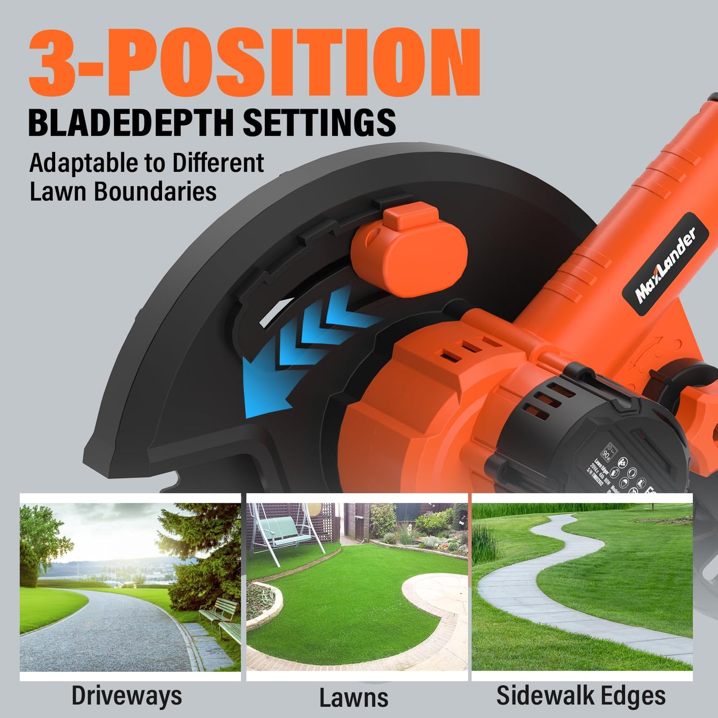 Maxlander Lawn Edger, 9'' Edger Cordless Lawn Tool with 3-Position Blade Depth for Landscaping, Electric Battery-Powered Edger for Driveways, Sidewalk (4.0Ah Battery, Quick Charger & Cover Included)