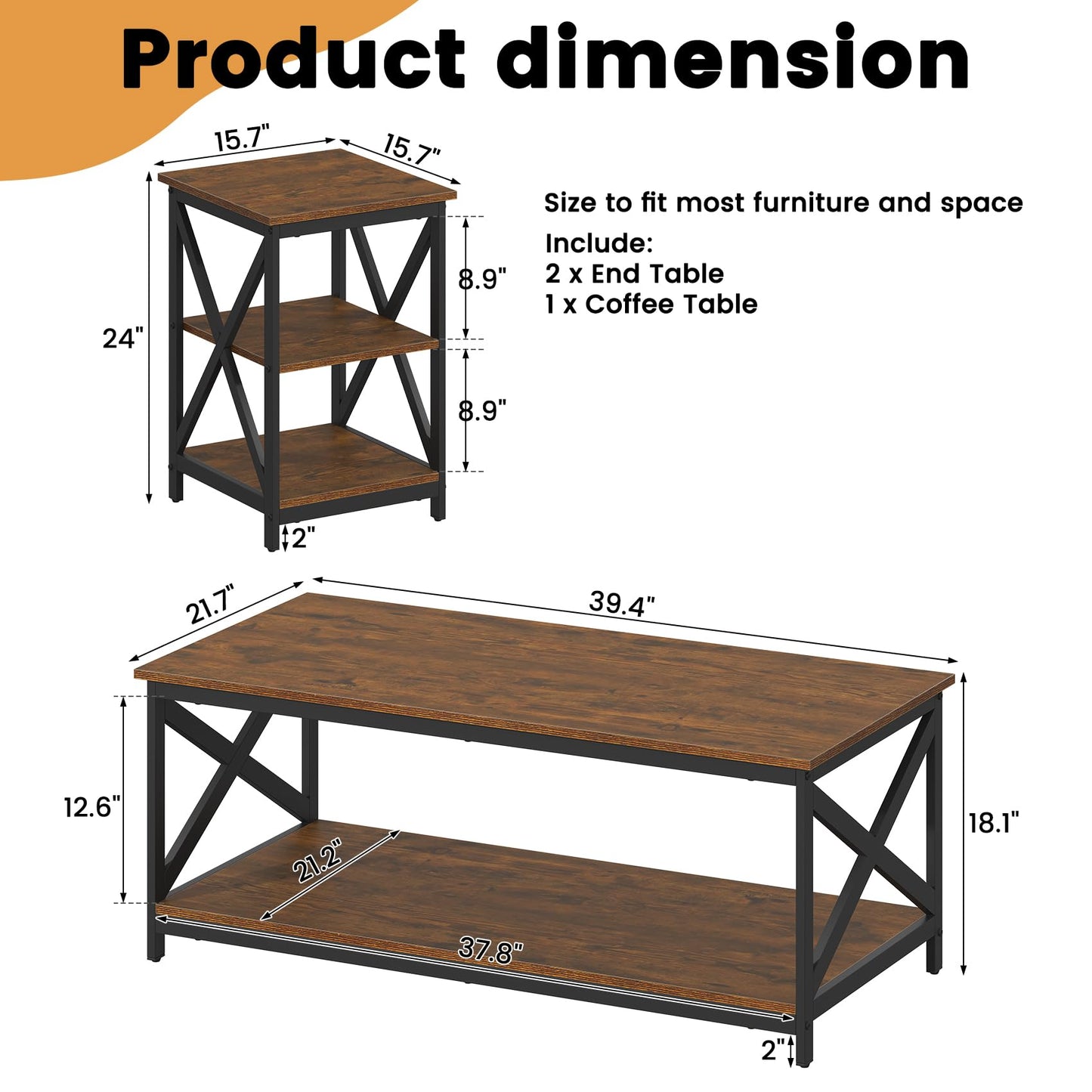 Bigbiglife Living Room Coffee Table Set of 3, Industrial X-Design Coffee Table and 2 End Side Tables, 3 Piece Living Room Table Set with Large Storage for Apartment Home (Rustic Brown)