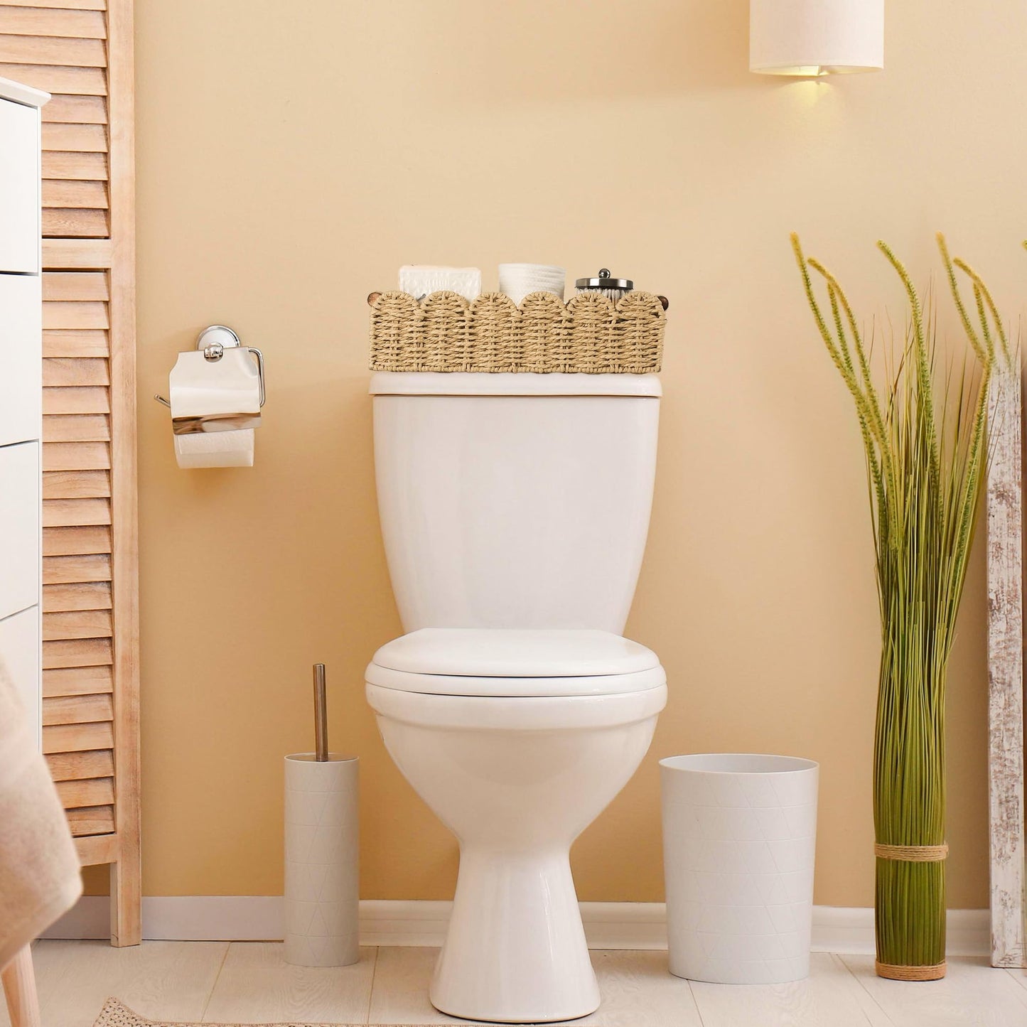 Toilet Paper Storage Basket Bathroom Counter Organizer Wicker Baskets for Organizing Cute Basket for Apartment Bedroom Nursery Room Kitchen Bathroom Decor -Beige