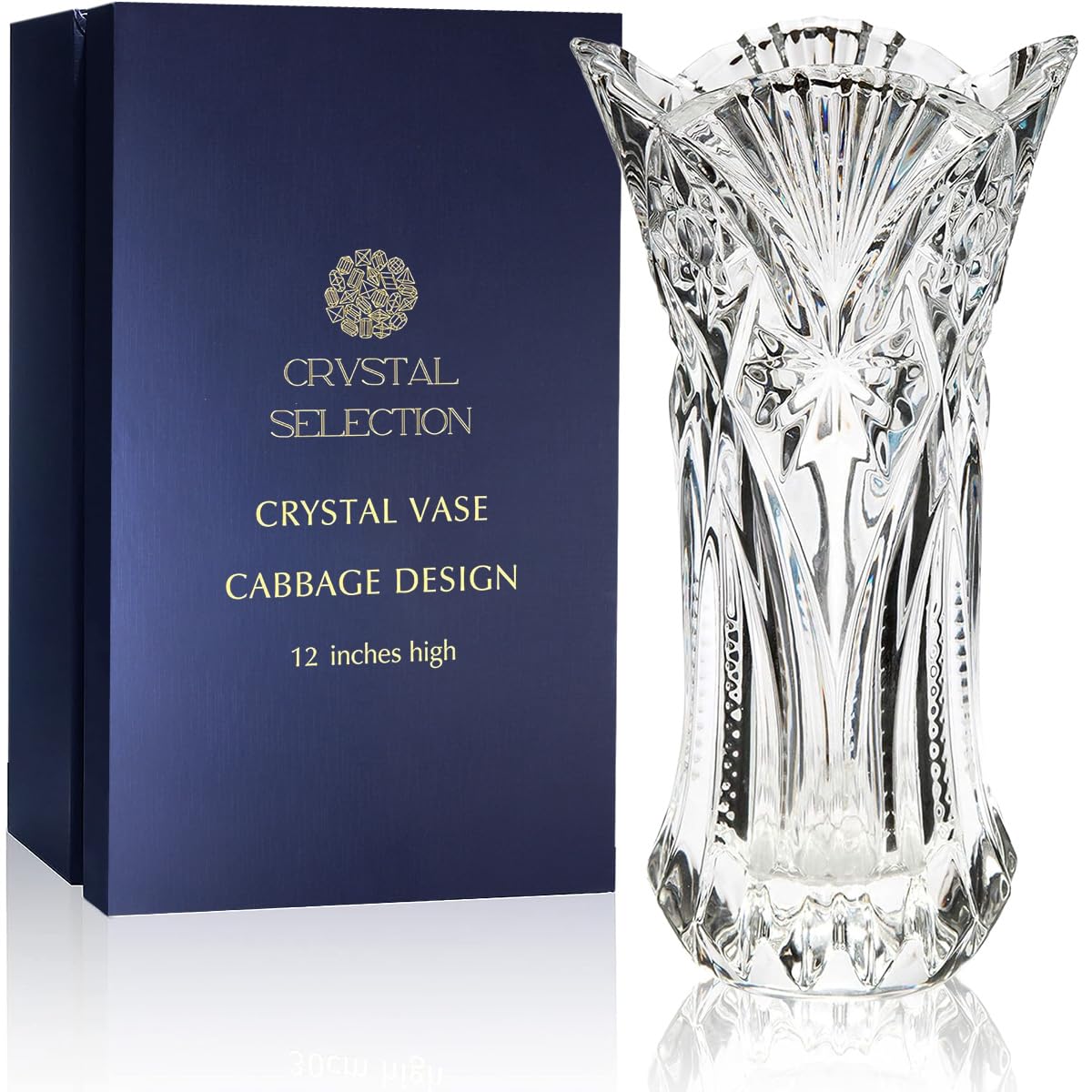 CS Crystal Vase 12-inch high, Cabbage Design, for Flowers & Decor. Lovely Nice Shiny Piece. Perfect as a Gift, Suitable for All Occasions