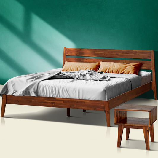Acacia Callisto King Solid Wood Platform Bed Frame with Headboard – Gift Matching Nightstand Included, Mid-Century Modern, Walnut Finish, No Box Spring Needed, Sturdy, Easy Assembly