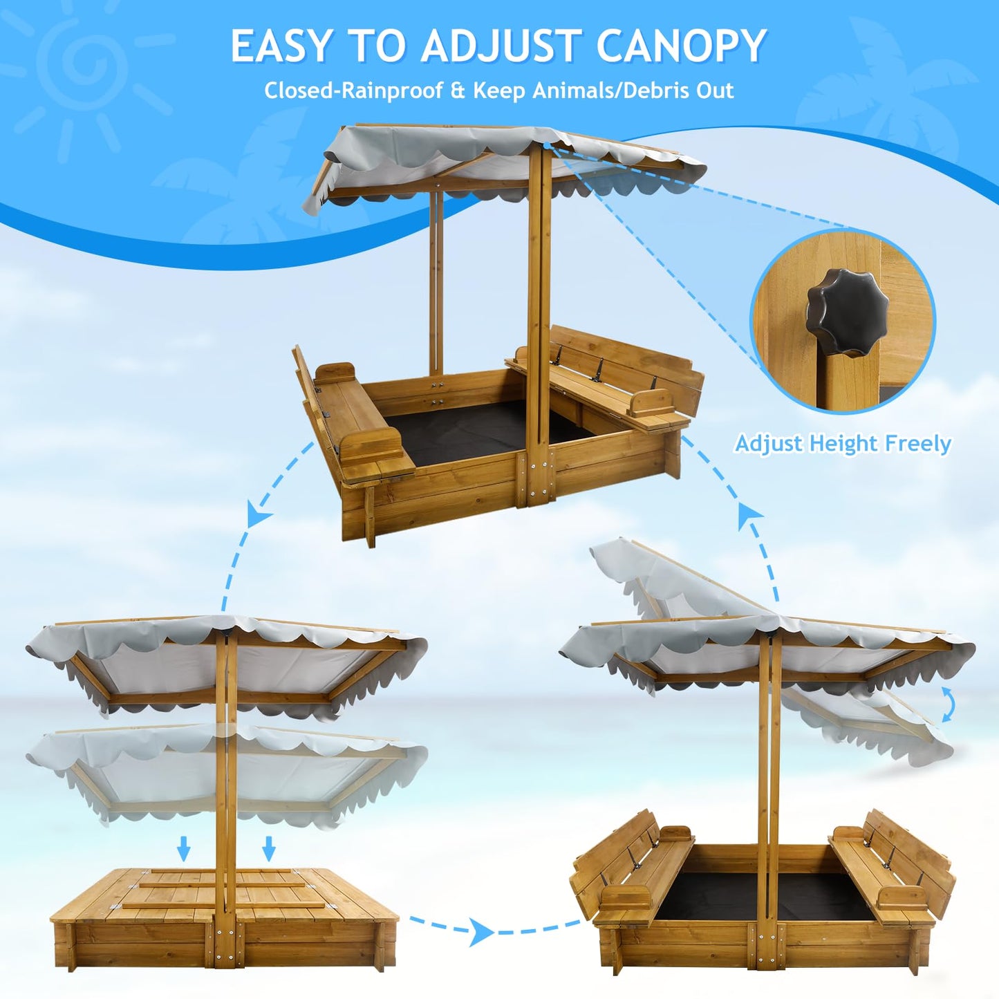 Kids Sandbox with Lid, Wooden Sand Box with Cover Outdoor, UV-Protection & Natural Wood, Foldable Bench Seat, Adjustable Canopy, Sand Box for Kids Ages 2-8（47x47in）