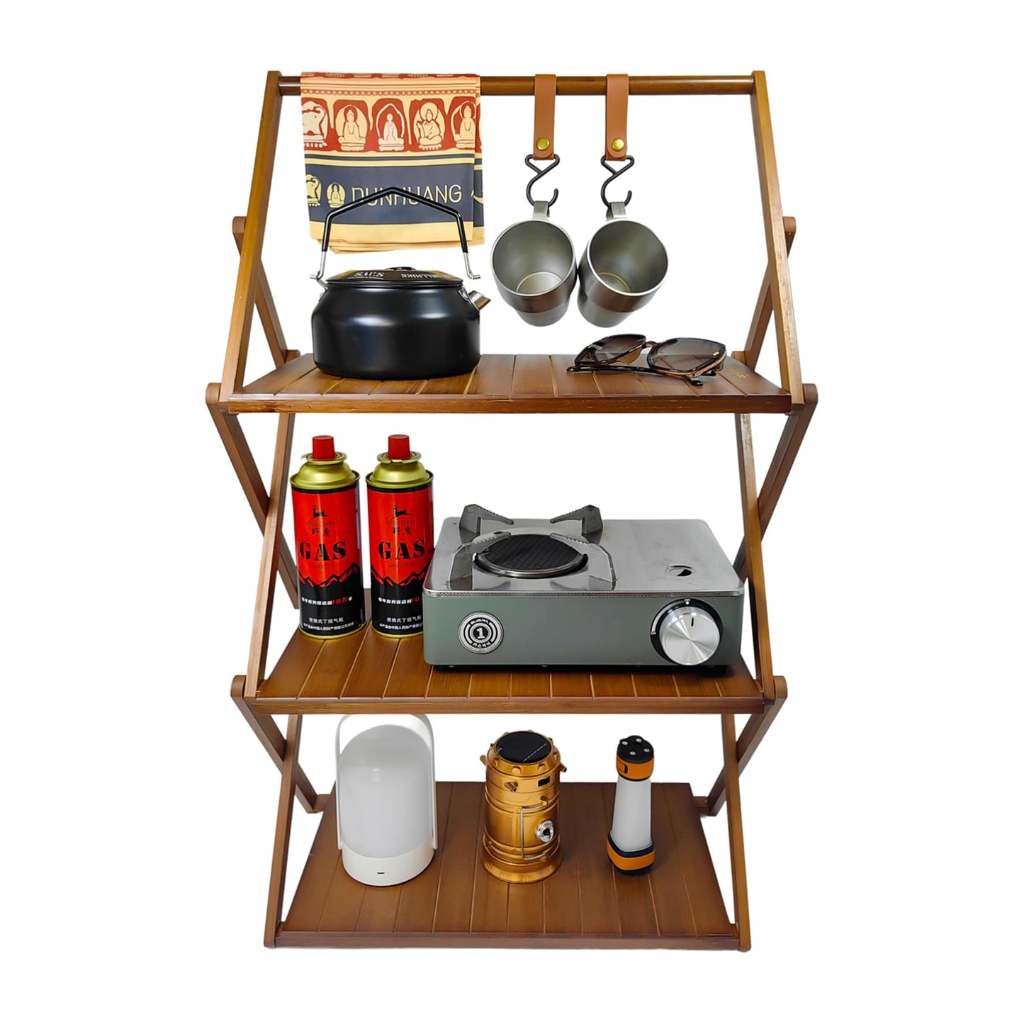 FEIXIDI Foldable Bamboo Shelf, Folding Shoe Rack, Flower Rack, Camping Rack, No Installation Required, Portable, Space Saving, Multi-Purpose Storage Rack (Walnut, 3 Tiers with Boom)