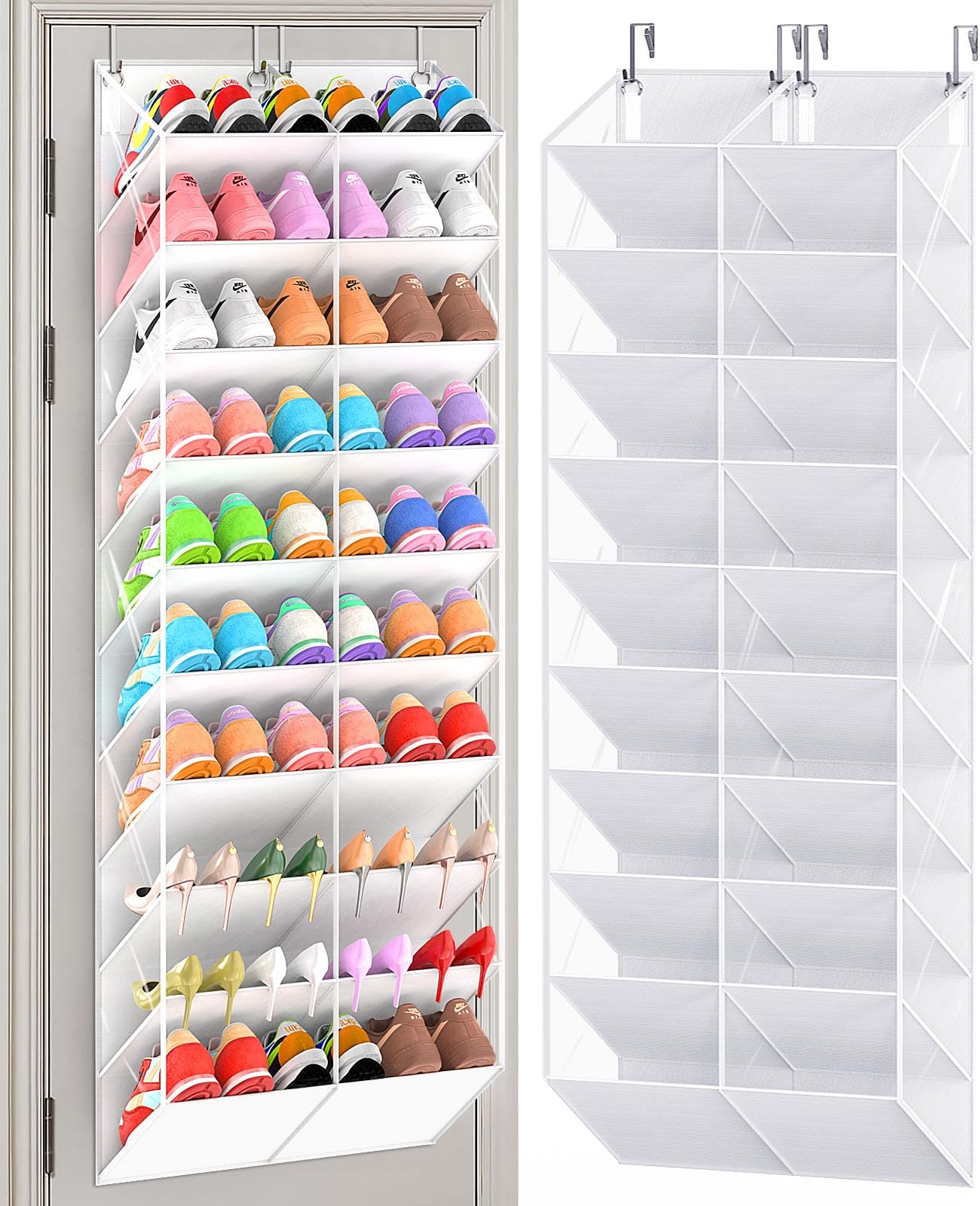 UVIAHOMI 20-30 Pairs Over the Door Shoe Organizer, Clear Pockets Hanging Shoe Storage for Closet, 10-Tier Door Shoes Rack, Handing Shoes Holder Fit All the Family's Sneakers, Boots, Heels, White
