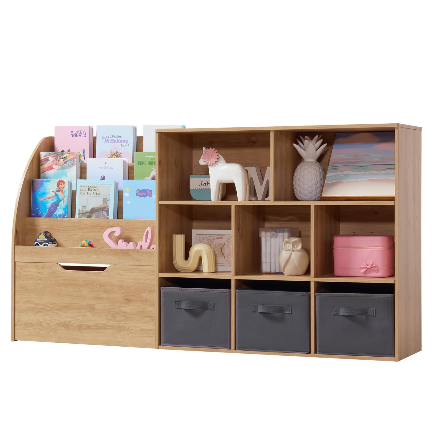 Fatmok Kids Bookshelf and Toy Storage, Toy Storage Organizers with Movable Drawers & 3 Storage Bins, Kids Reading Nook Toy Organizers Shelf with 5 Cubbies, Natral Wood