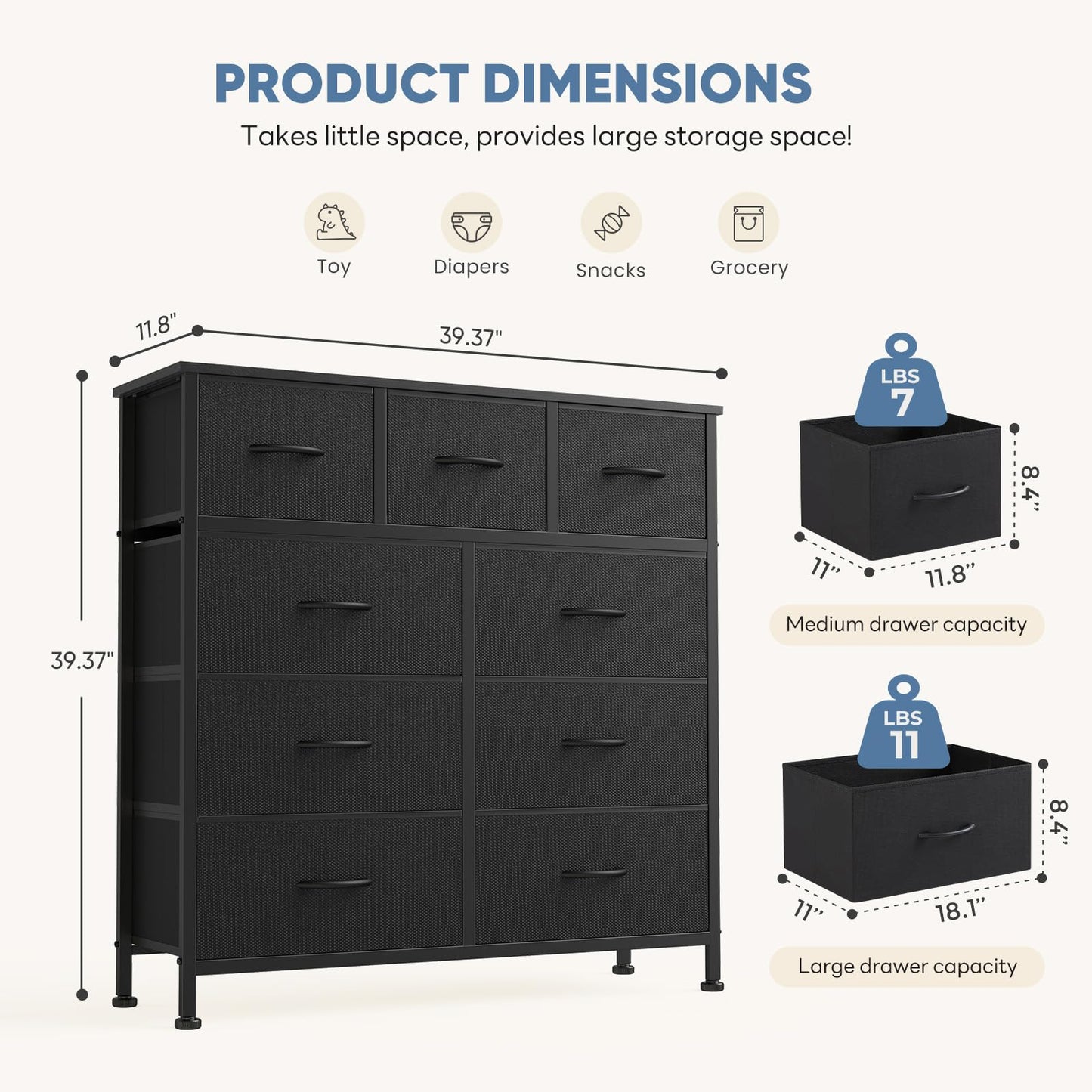 DUMOS 9 Drawer Dresser for Bedroom, Fabric Storage Organizer with Sturdy Metal Frame, Wooden Top Chest of Drawers for Closet Entryway Guest Room,Matte Black