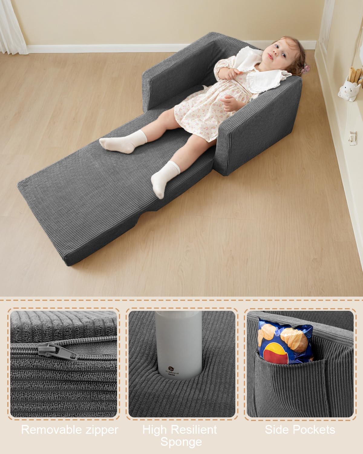 Jouha Kids Chair and Couch, 2-in-1 Fold-Out Kids Sofa, Soft Convertible Seating, Comfy Kids Chair for Boys and Girls, Grey