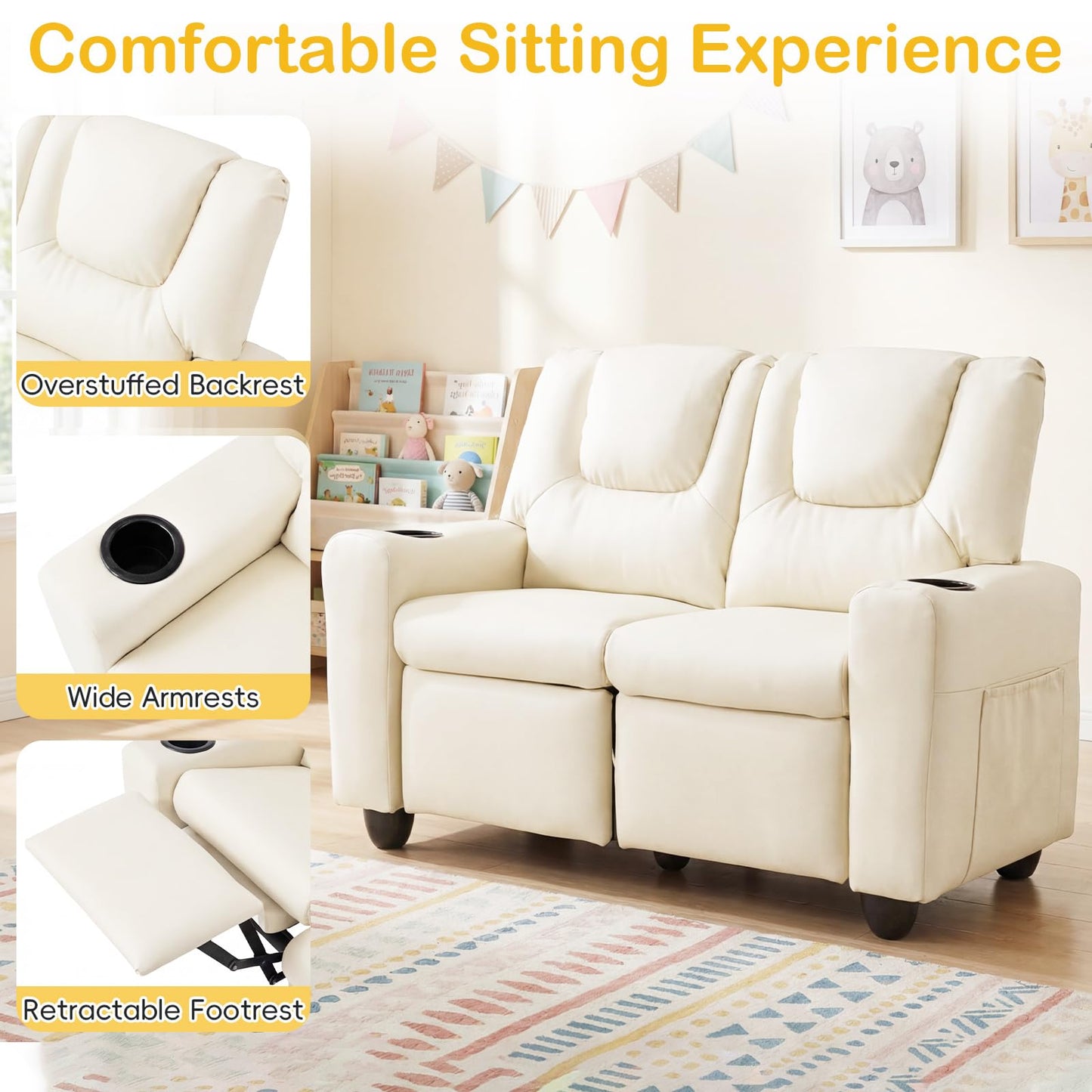 Costzon 2-Seater Kids Recliner, PU Leather Kids Loveseat w/2 Cup Holders & 2 Side Storage Pockets, Toddler Lounge Sofa Chair Couch w/Adjustable Backrest & Footrest for Girls & Boys 3+ Years Old Gifts