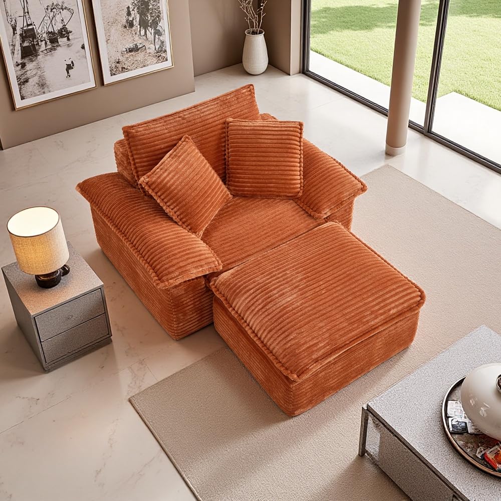 COSYMOOR Chaise Lounge Chair Indoor with Ottoman, 47 Inch Oversized Corduroy Boneless Sofa Bed, Deep Seat Sleeper Couch Reading Chairs, Cloud Compact Sofas Couches for Living Room,No Assembly Required