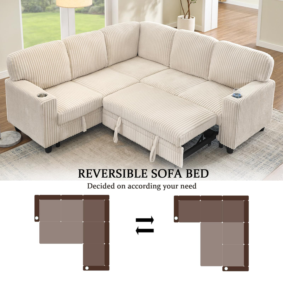 KavlSean 81" Corduroy L Shaped Sectional Sleeper Sofa Pull Out Bed 5-Seater