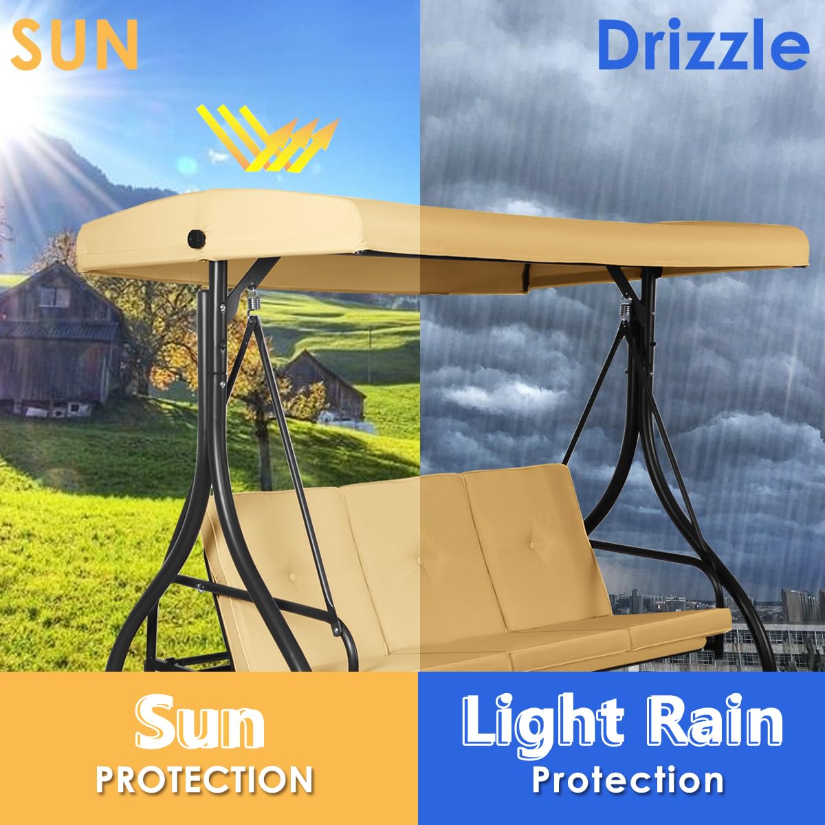 Tangkula 3 Seats Converting Patio Swing, Outdoor Porch Garden Canopy Swing with Comfortable Cushion Seats & Adjustable Tilt Canopy, Heavy Duty Hammock 3 Persons Porch Swing (Beige)