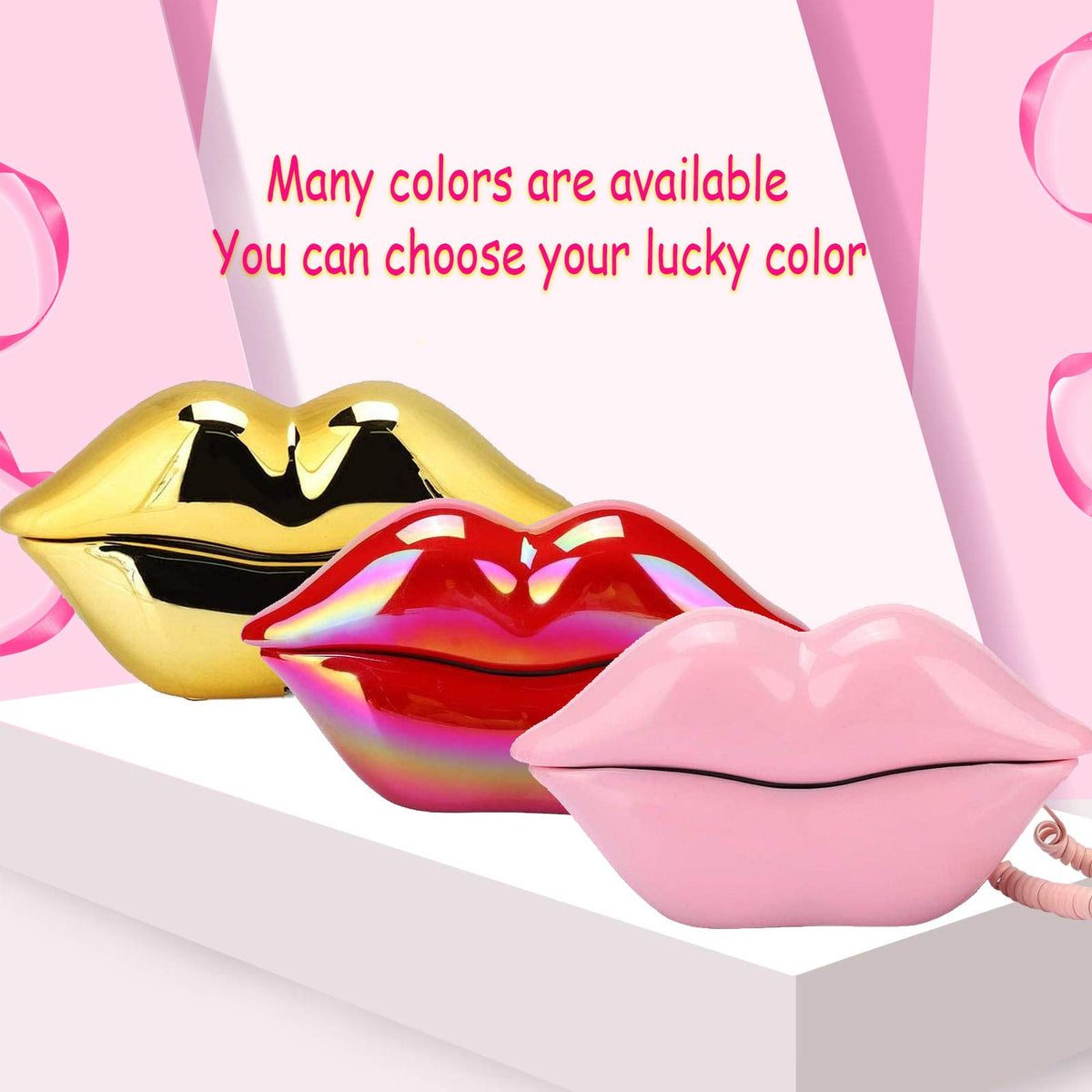 CHENJIEUS Lip Telephone, Advanced Home Telephone, Interesting Mouth Lip-Shaped Telephone, Electroplating Wire Phone Home Decoration, for Families House Phone (Electroplating red)