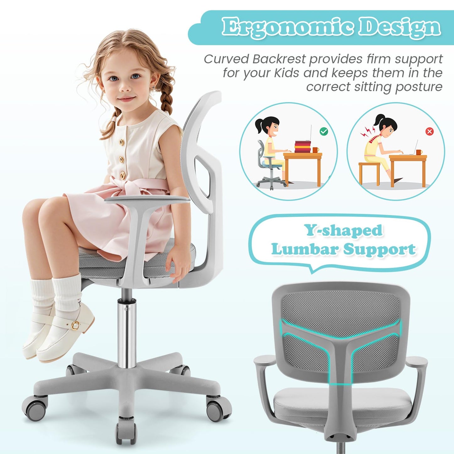 Giantex Kids Desk Chair, Ergonomic Adjustable Teen Task Chair w/Y-Shaped Lumbar Support, Armrest & Universal Wheels, Mesh Kid Office Chair for Sturdy, Kids Computer Chair for Boys & Girls 4-12, Grey