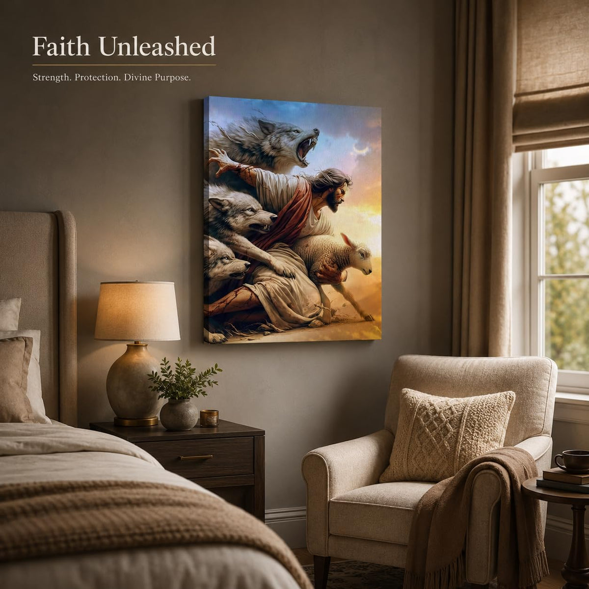 Jesus And Lamb Wall Art Jesus Saves The Lost Lamb Wolf Painting Picture Wall Decor The Shepherd'S Protection Poster Print Artwork t for Living Room Bedroom Church Home Decortion