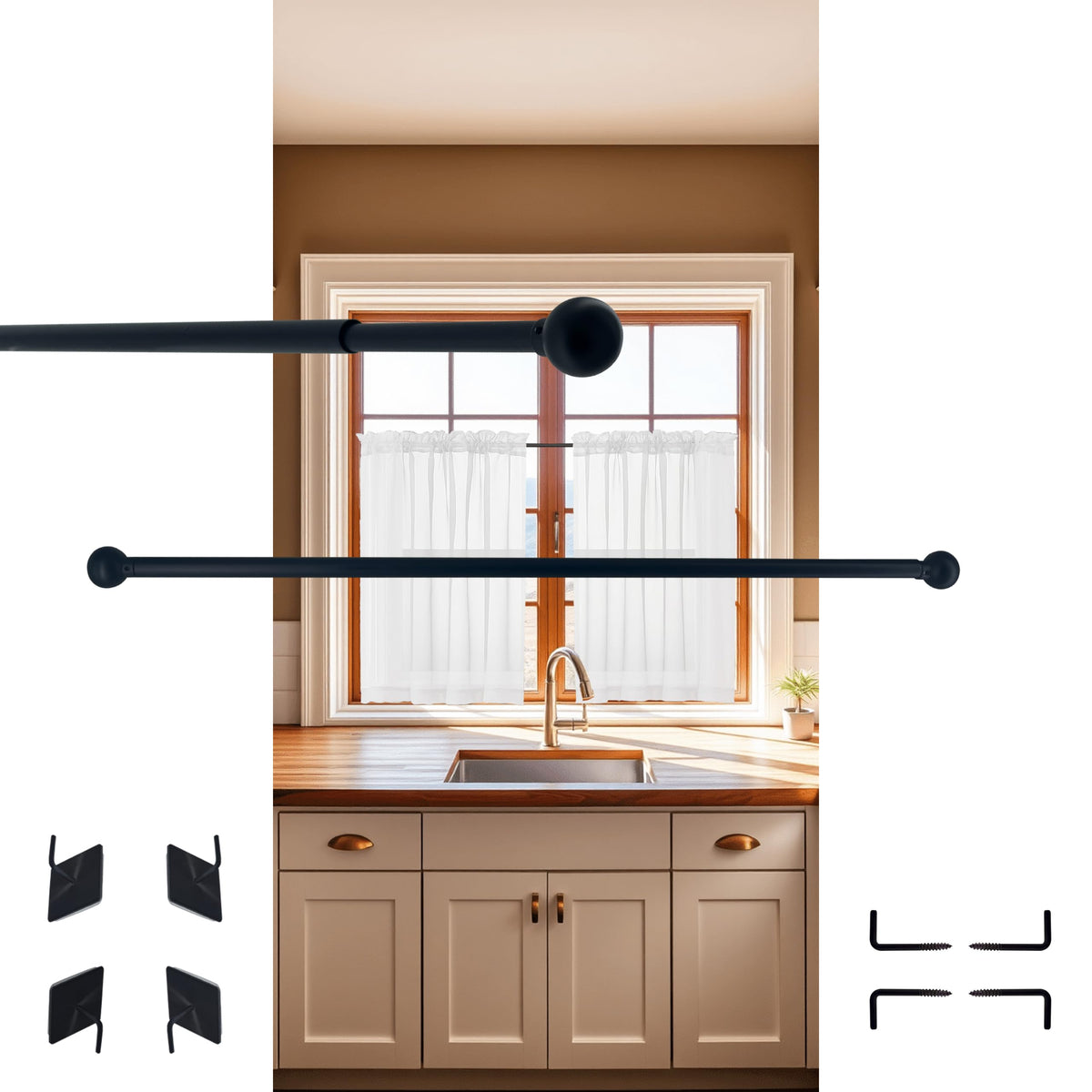 Cafe Curtain Rods, 28-40 Inch Adjustable, Black, Set of 2
